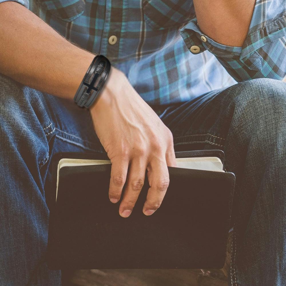 Aye Do Gifts Men's Black Leather Cross Bracelet