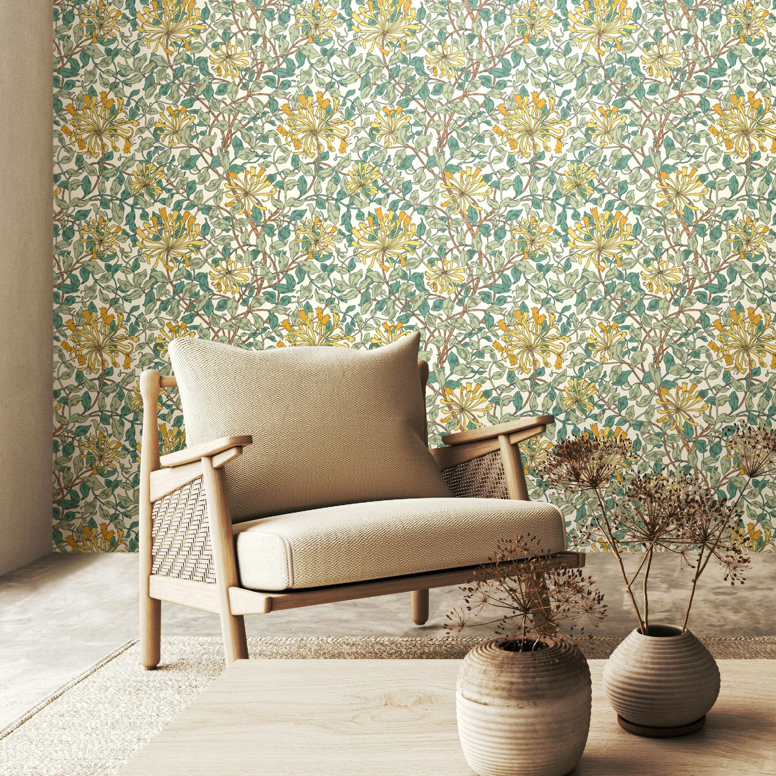 Hoopla Walls Honeysuckle Leaf Trail - Seafoam 10M Wallpaper - Seafoam