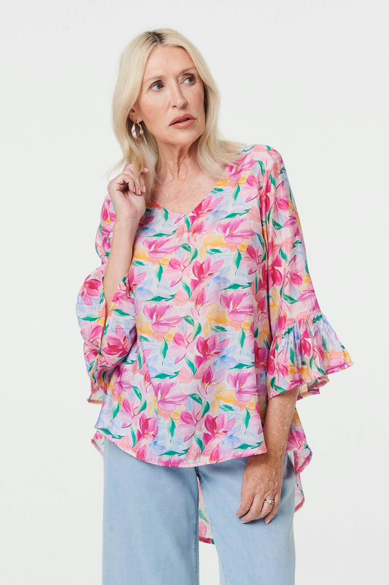 Izabel London Pink Floral Relaxed 3/4 Flare Sleeve Blouse - 16