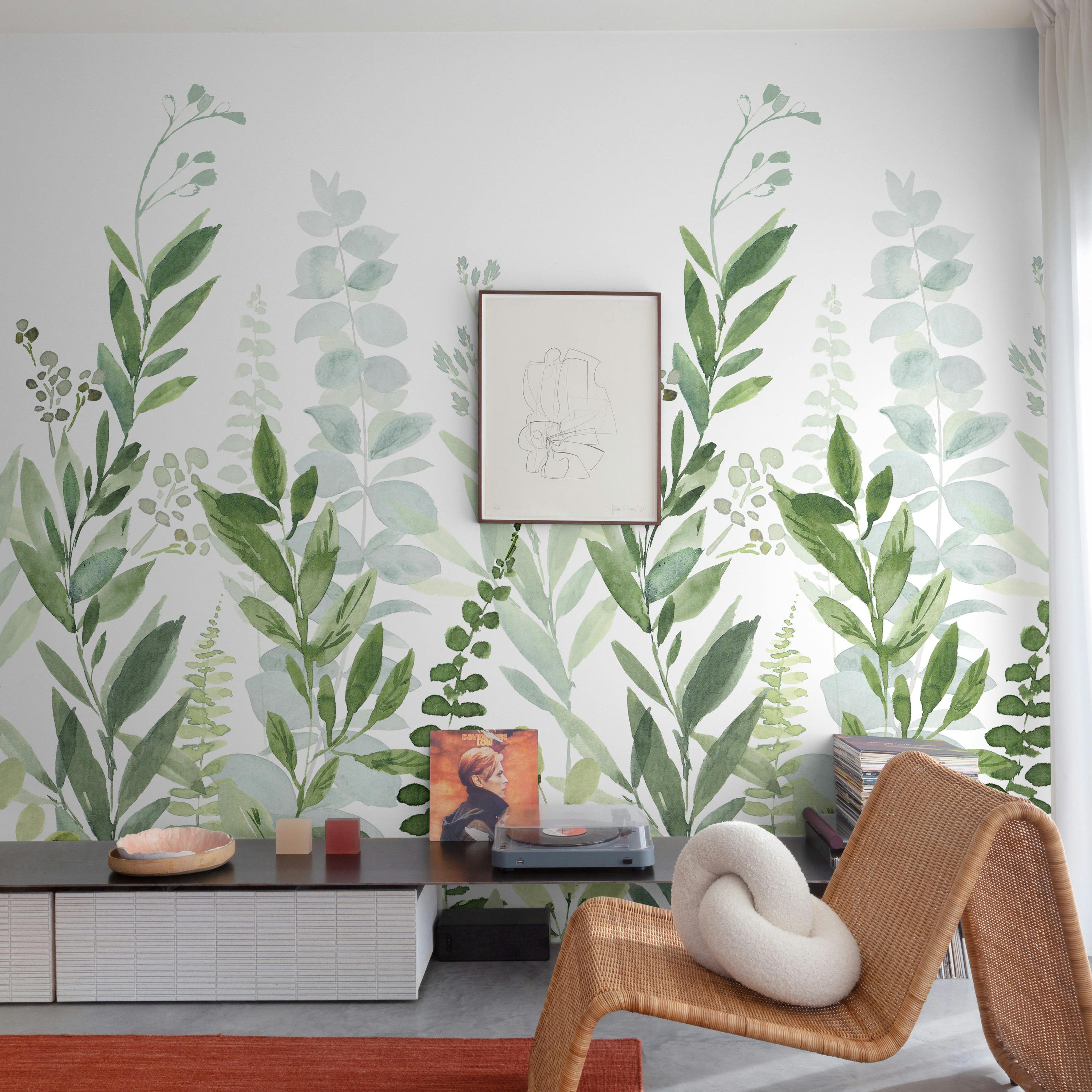 Grandeco Green Leafy Forest Foliage Sprig 3 Panel Repeatable Mural 1.59 X 2.8M,
