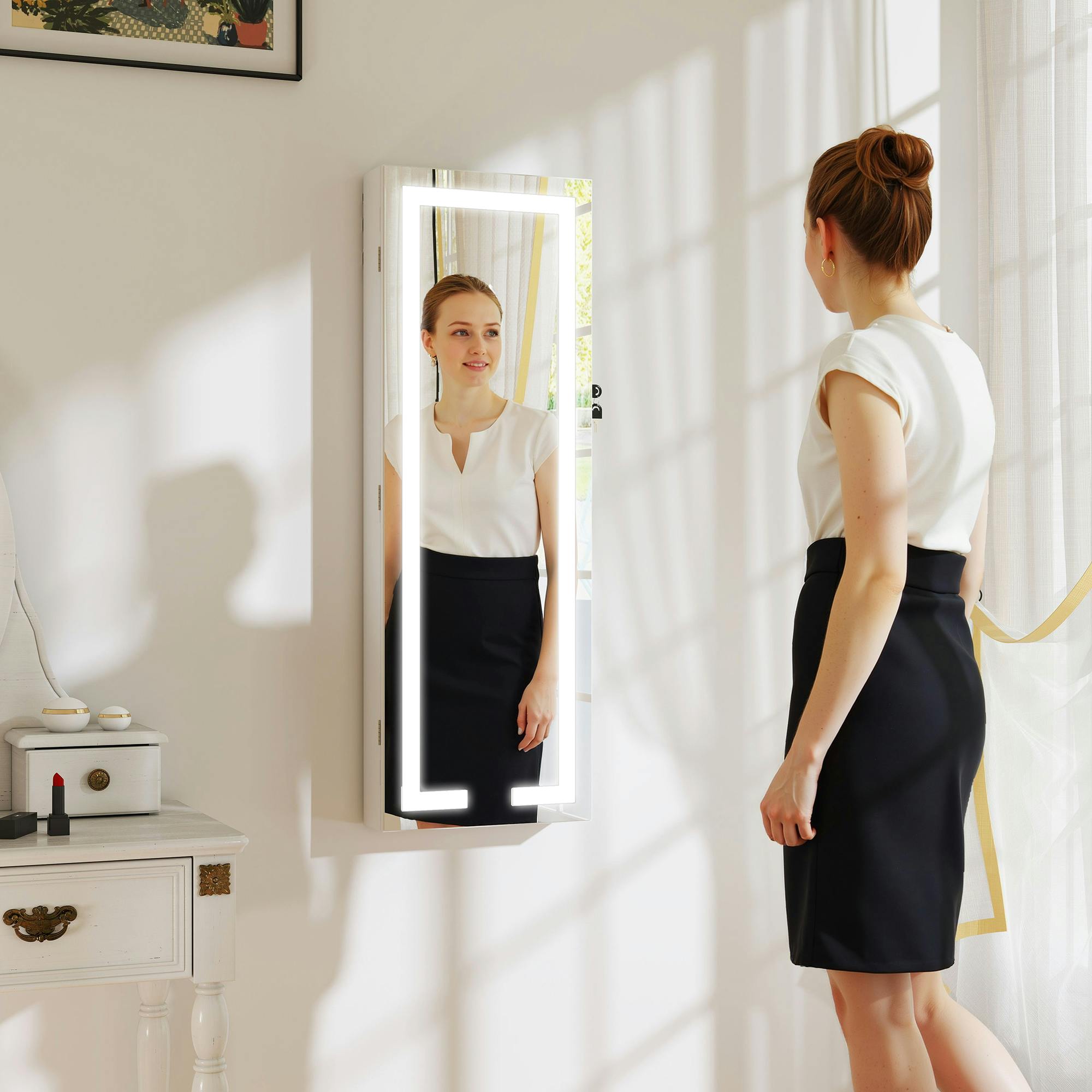 Rackhams White Led Mirror Jewellery Cabinet, Full Length Mirror With Storage,