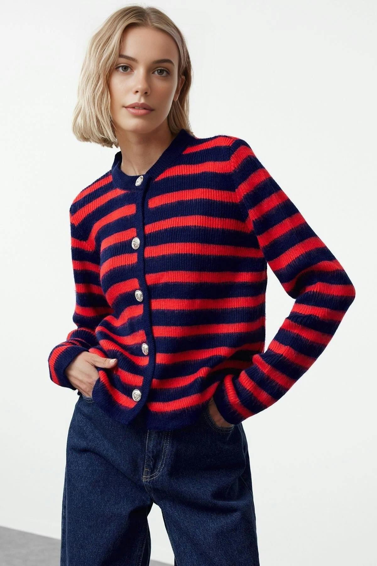 Wovcor Soft Textured Striped Knit Cardigan - Navy - Xs