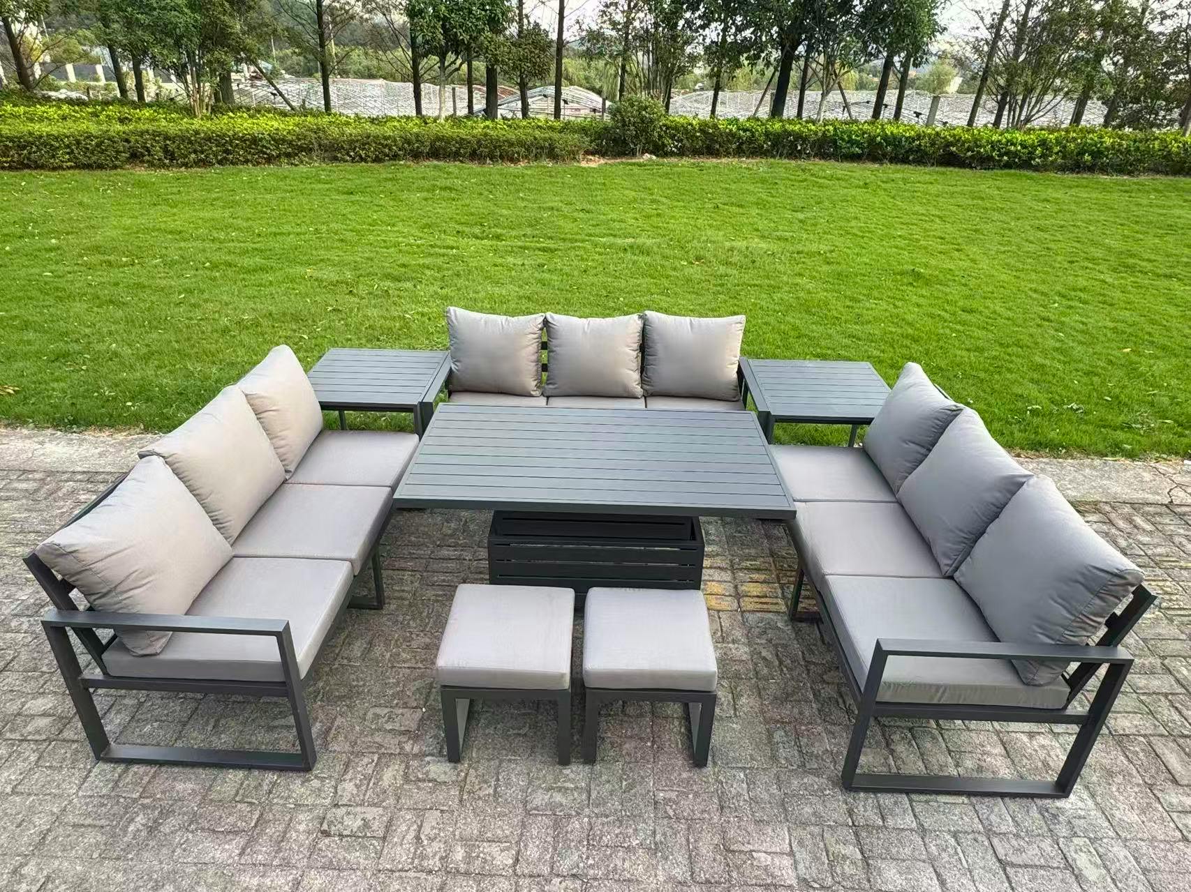 Fimous Dark/Grey U-Shaped Garden Furniture Set 11-Seater Aluminium Outdoor Dining Set With Adjustable Rising Lifting Dining Table 2 Small Footstools