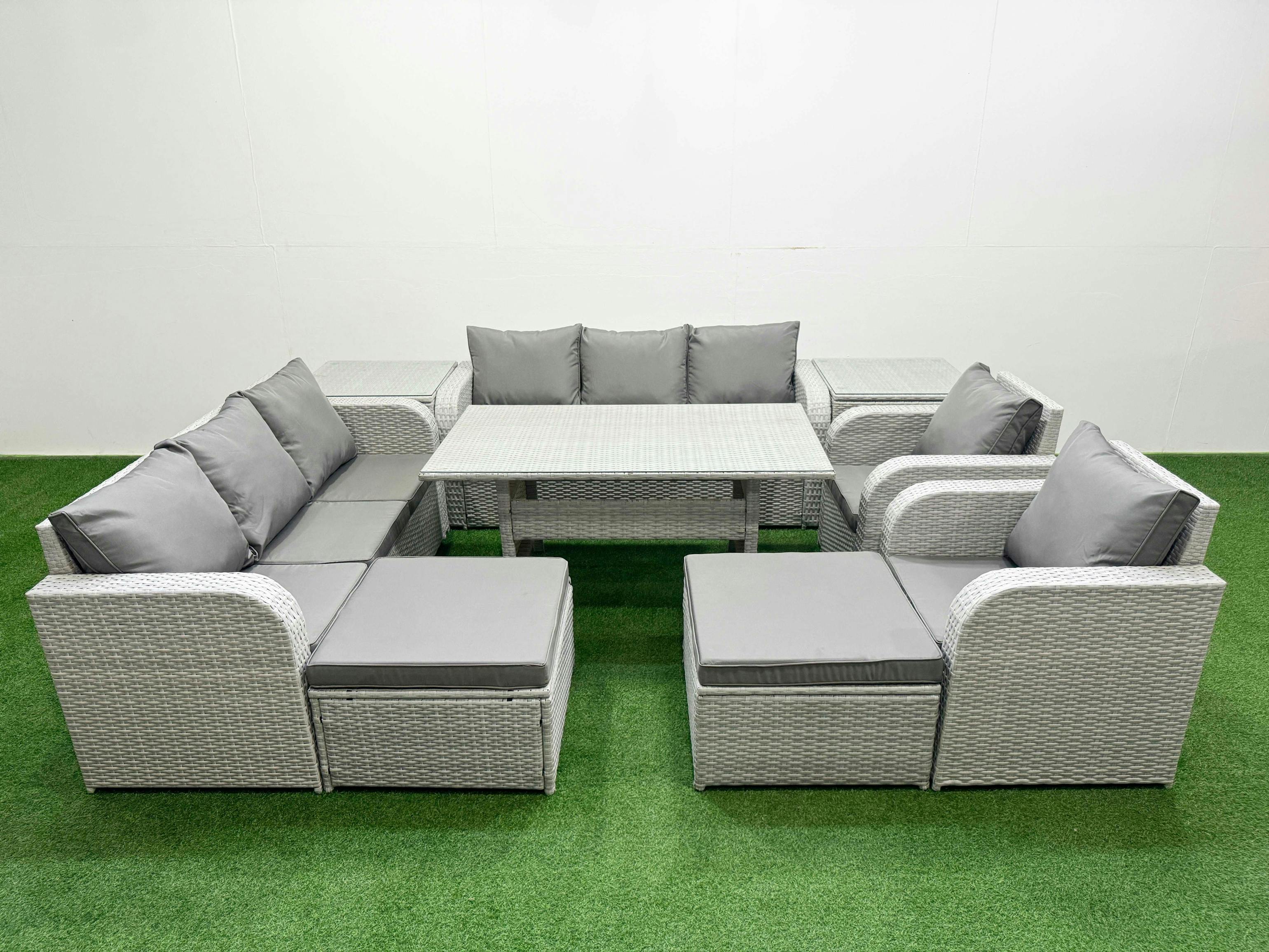 Fimous Light/Grey Pe Rattan Garden Furniture High Back Lounge Patio Set, Dining Table, 3 Seater Sofa, Reclining Chairs, 2 Big Footstools & Side Tables