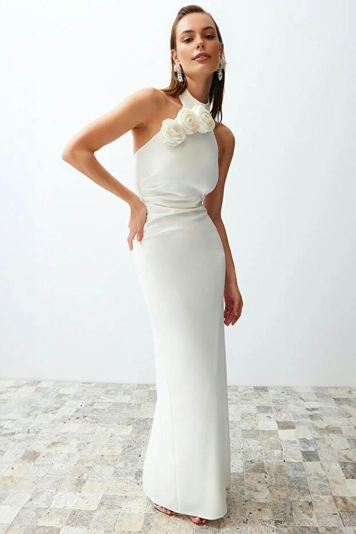 Wovcor White Woven Maxi Elegant Evening Dress With Rose Detail - 10
