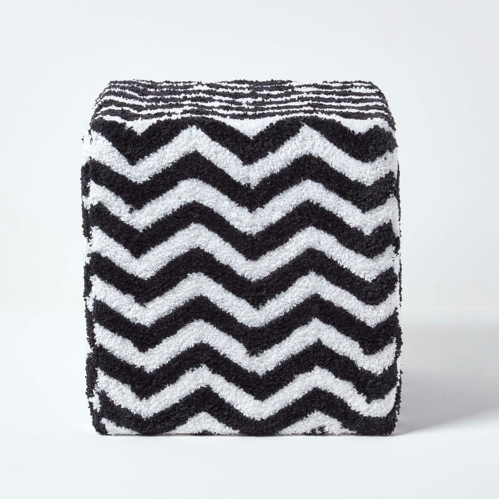 Homescapes Black/White Chevron Cube Pouffe Tufted Cotton - 36 X 36 X 38 Cm - &