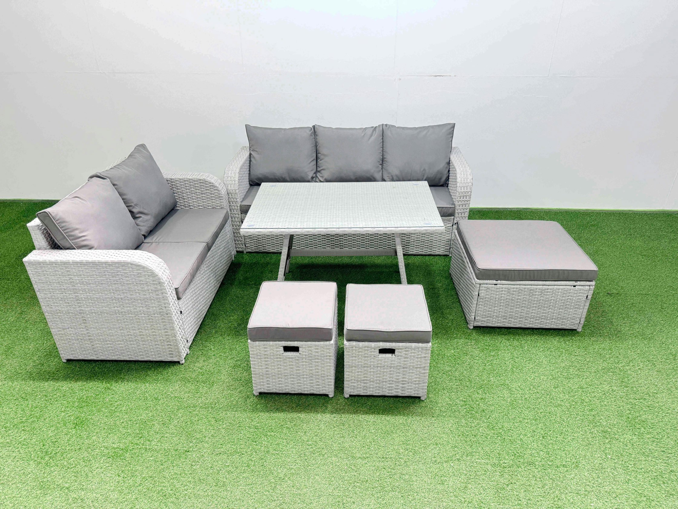 Rackhams Light/Grey Outdoor Pe Rattan Garden Furniture Set Rectangular Dining Table Sofa Set With 3 Stool