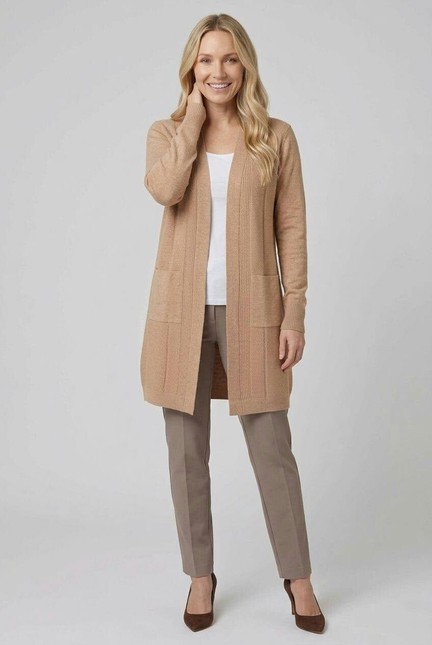 Izabel London Beige Textured Longline Open Front Cardigan - S/M