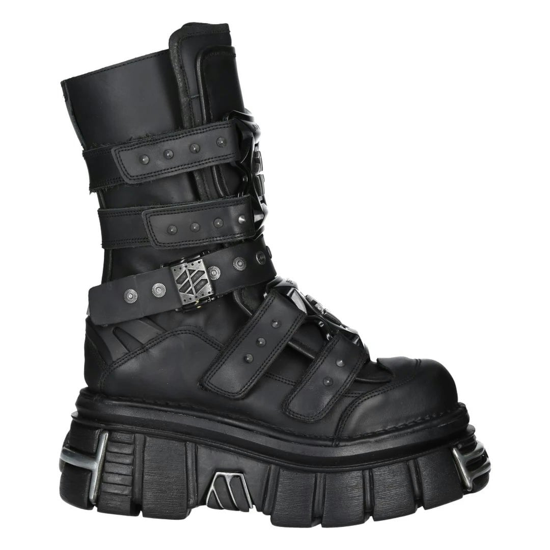 New Rock Unisex Black Boots M-Met422-S1 Metallic Leather Platform Gothic Boots - Eu 37