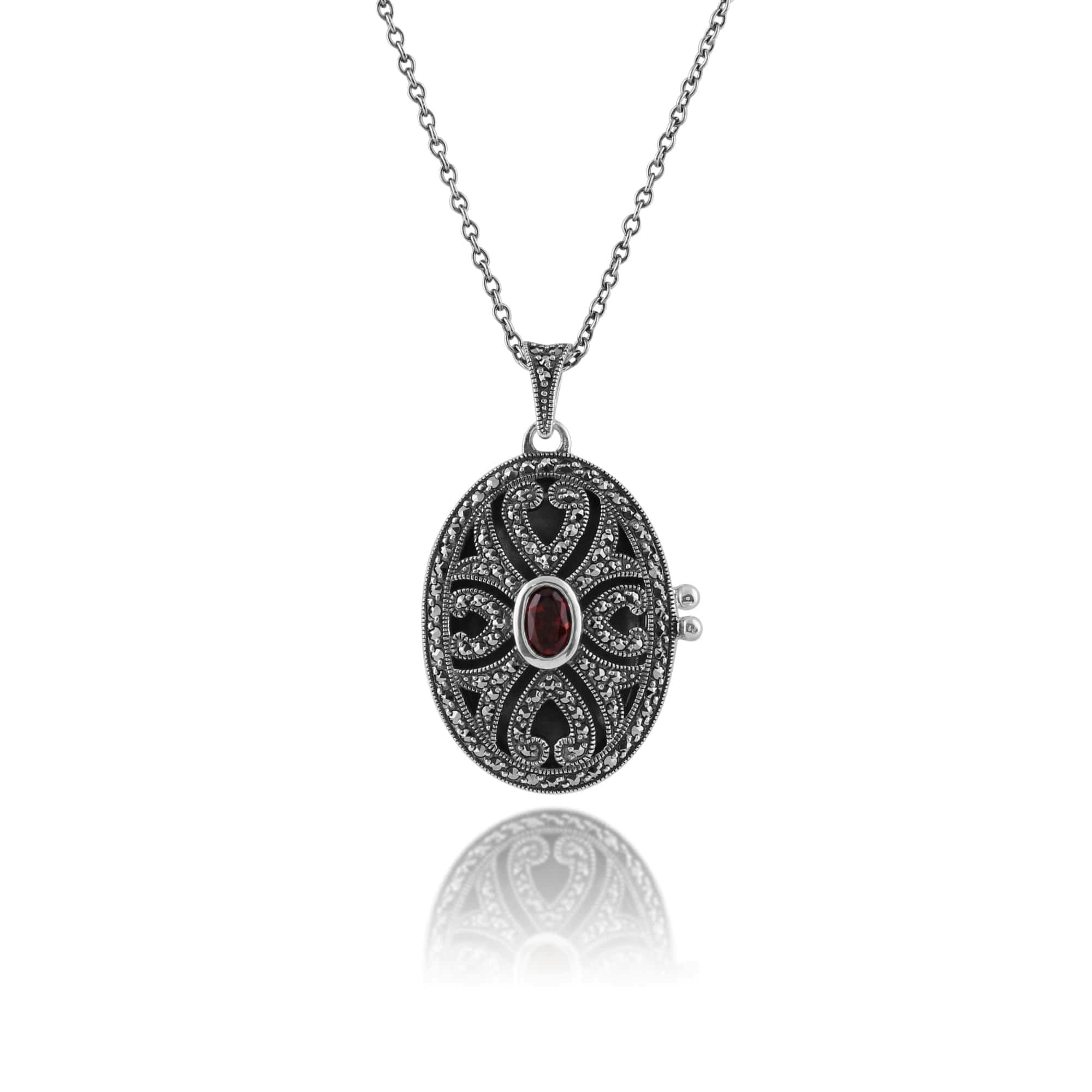 Gemondo Silver Art Nouveau Style Oval Garnet & Marcasite Locket Pendant In 925 Sterling - 925 Sterling Mozambique Garnet & Marcasite Oval Locket Necklace Large