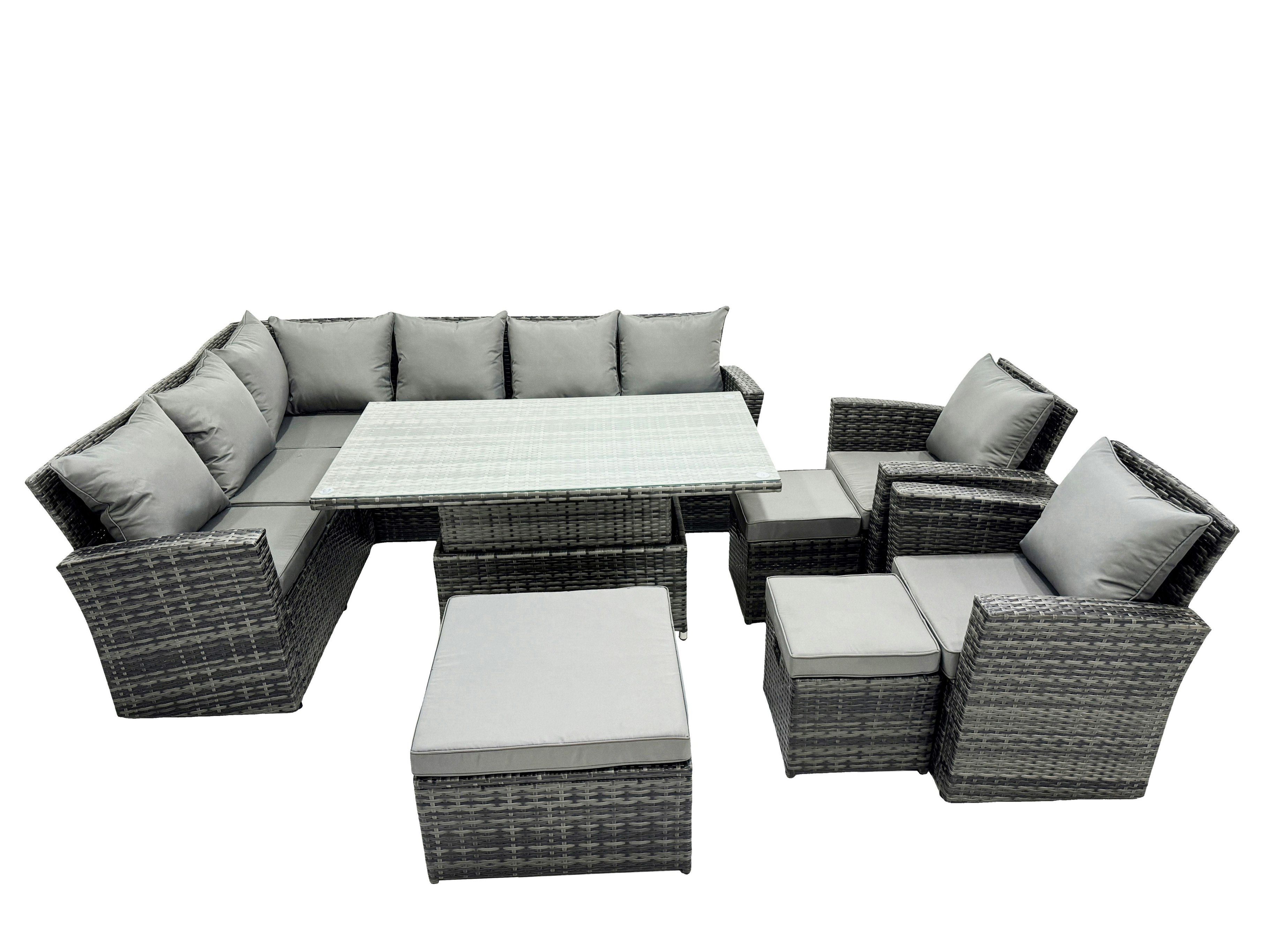 Fimous Dark/Grey Poly Rattan Outdoor Patio Height Adjustable Rising Lifting Table Corner Sofa Set With 3 Stool,2 Chairs For Garden Backyard Mixed