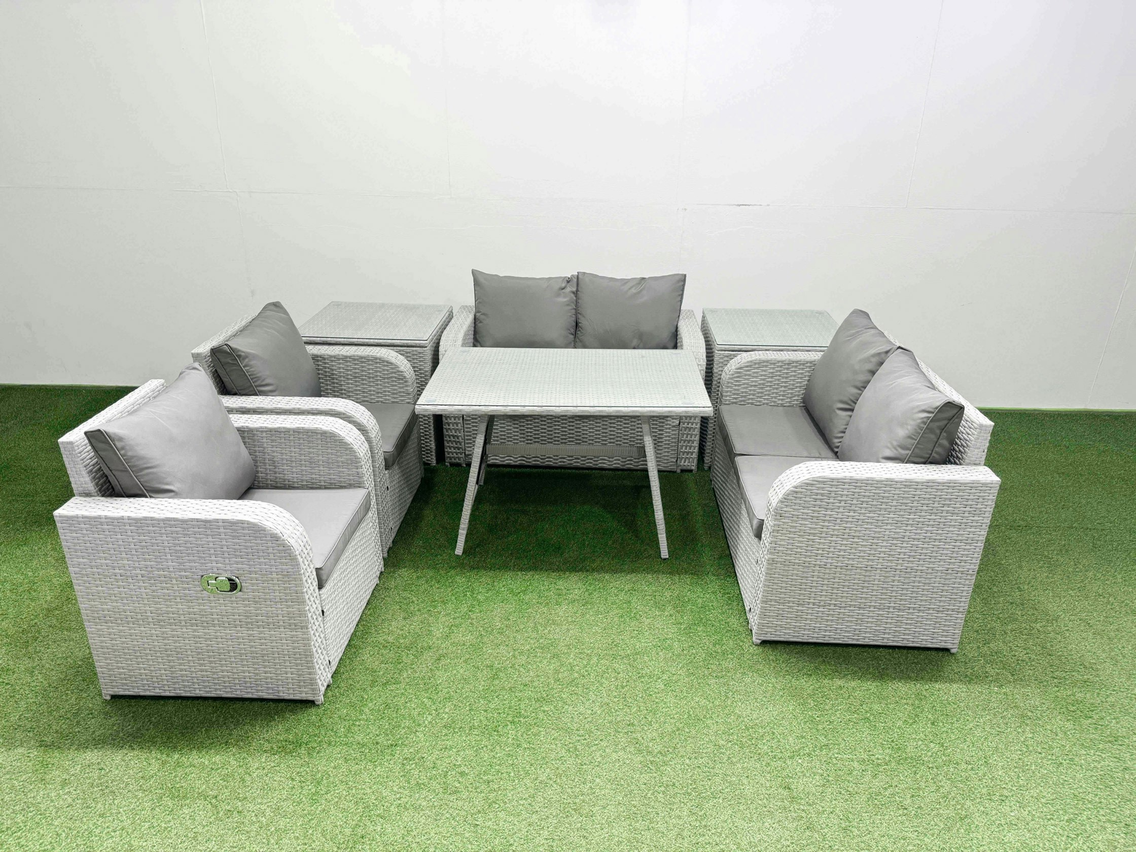 Rackhams Light/Grey 6 Seater Rattan Garden Furniture Set Outdoor Love Sofa Set With Rectangular Dining Table 2 Side Tables