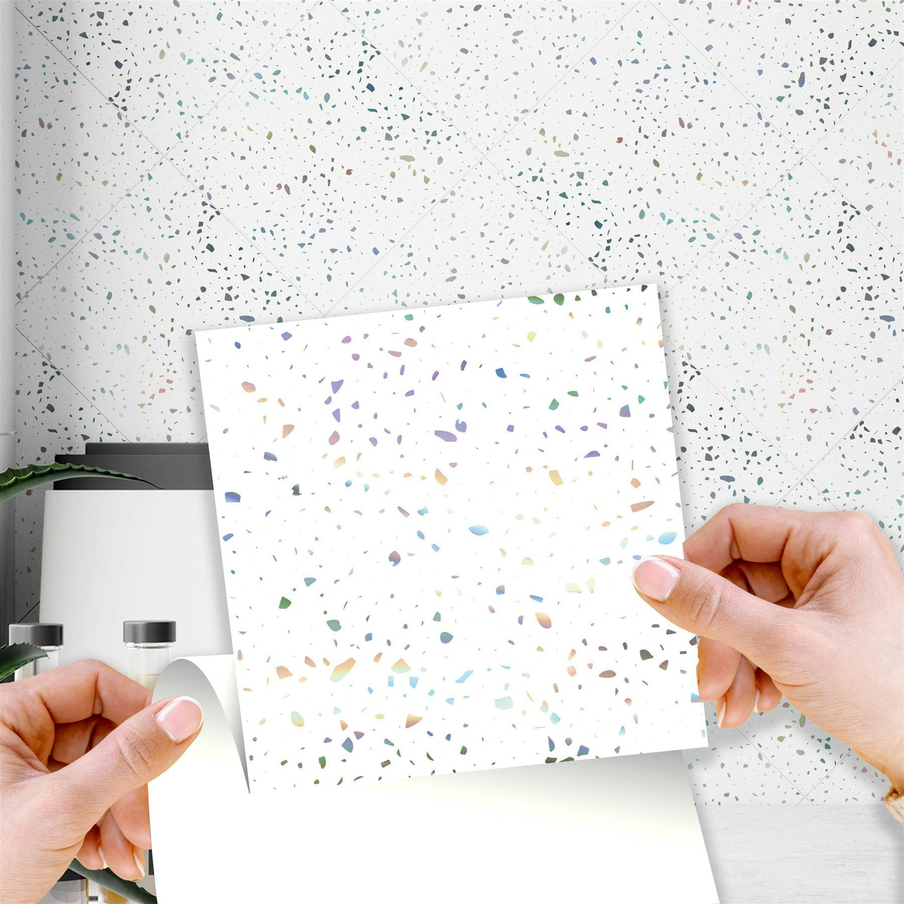 Walplus White Wt1604 - Terrazzo Holographic Glitter Wall Tile Sticker Set - 15Cm (6Inch) - 24Pcs One Pack