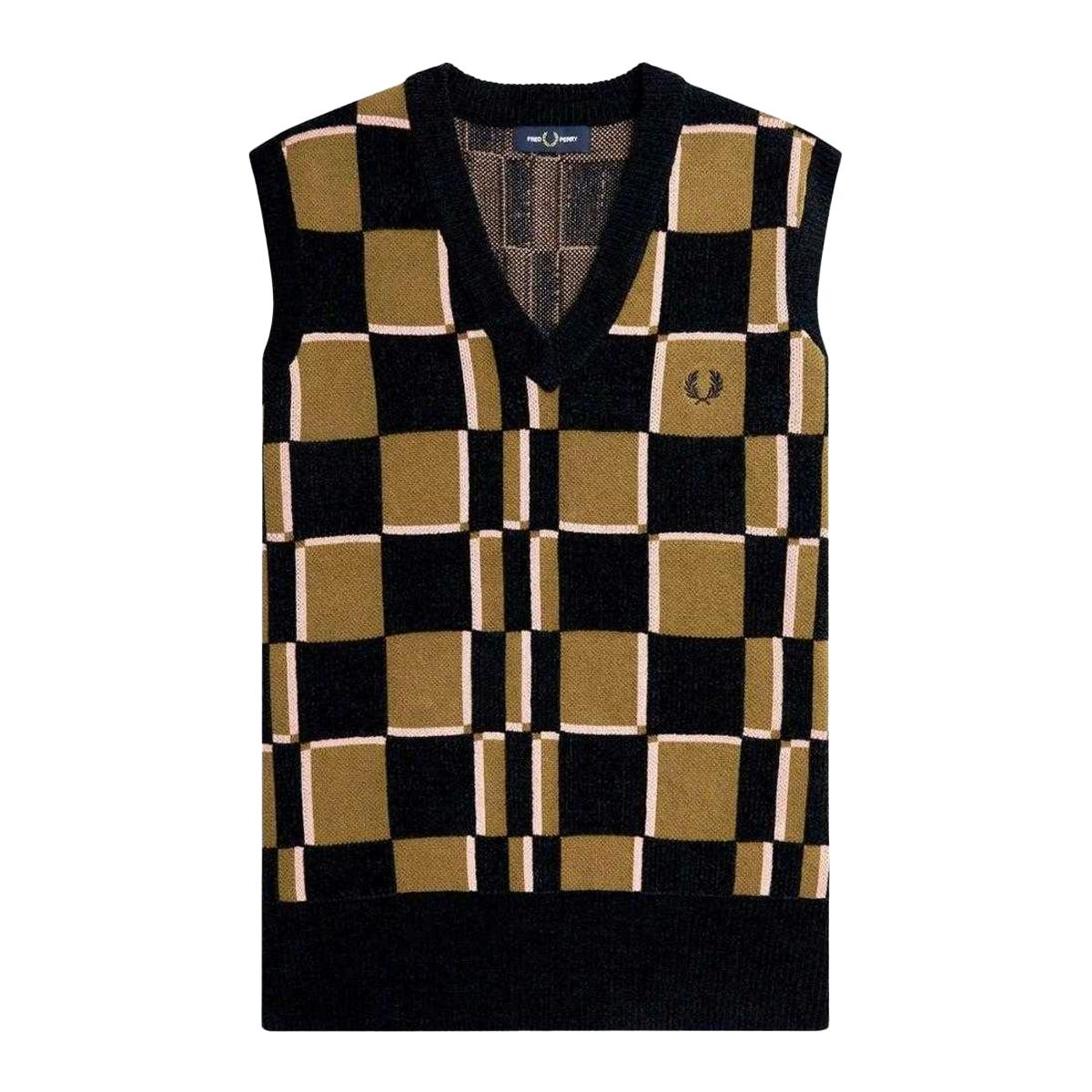 Fred Perry Men's Checkerboard Knitted Sweater Vest - Stone - Xs - Stone - 100% Cotton