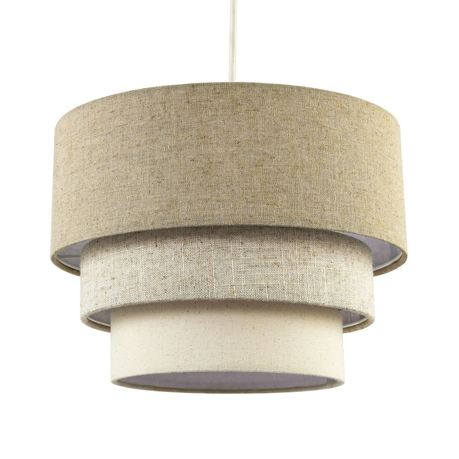 Rackhams Beige Contemporary Round Triple Tier And Oatmeal Linen Pendant Shade