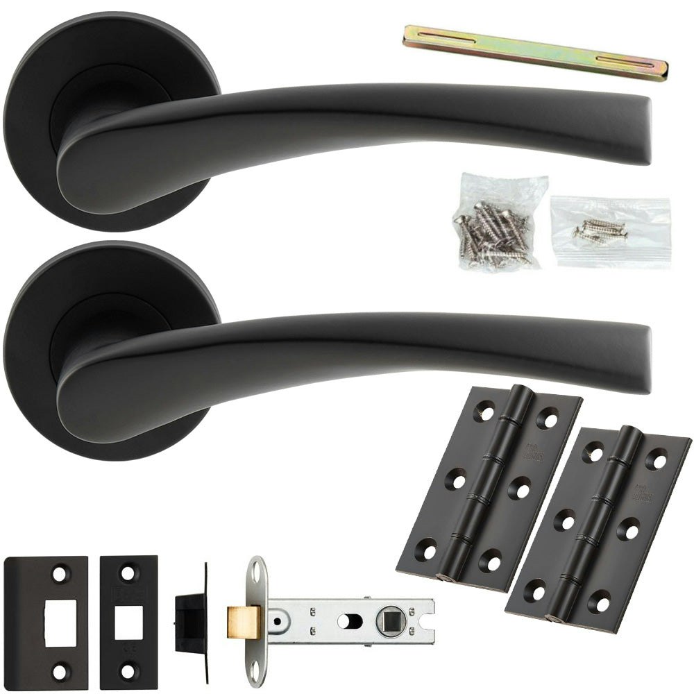 Rackhams Black Loops Door Handle & Latch Pack - Matt - Smooth Arched Lever On Round Rose