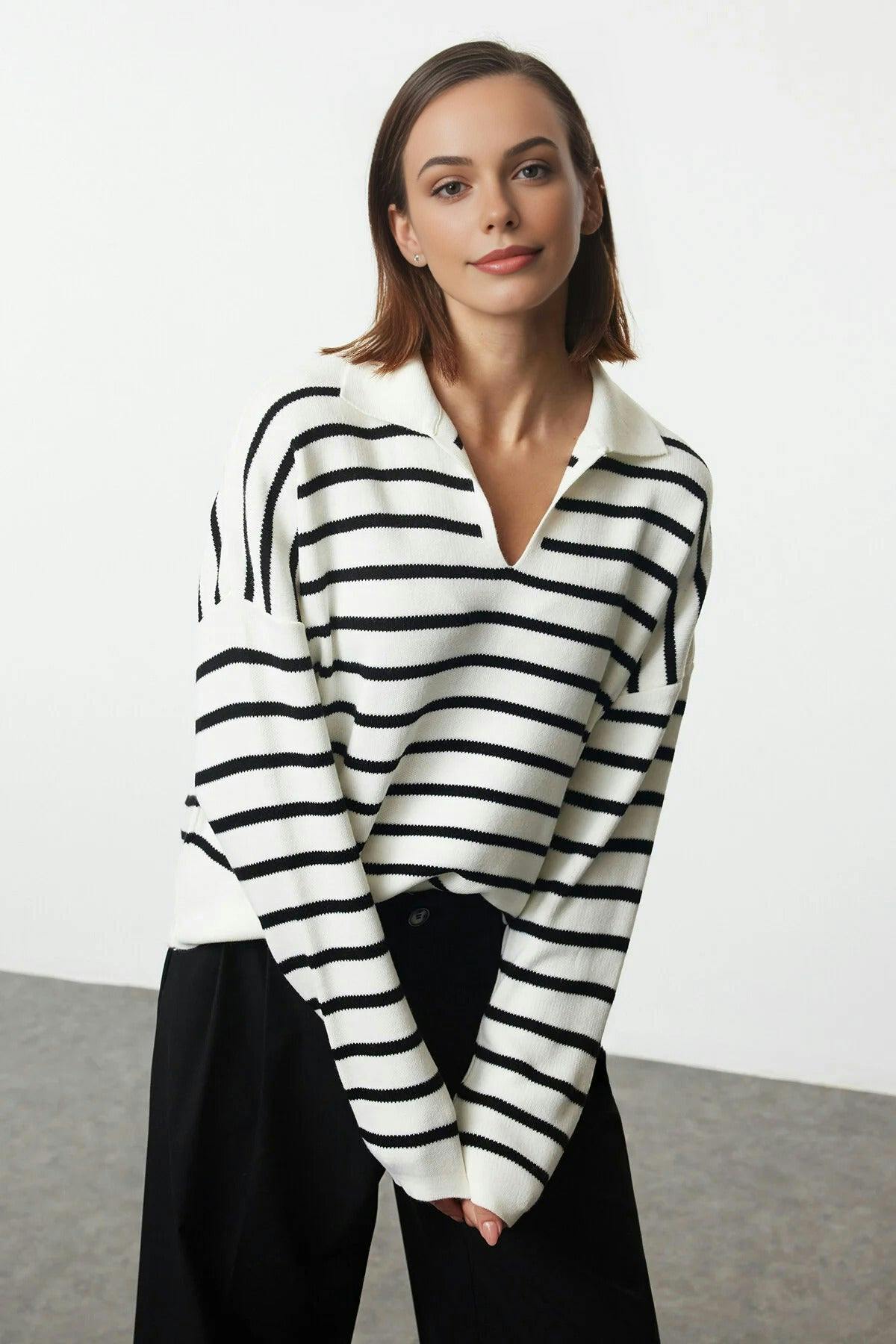Wovcor Polo Collar Striped Knit Sweater - Ecru - L