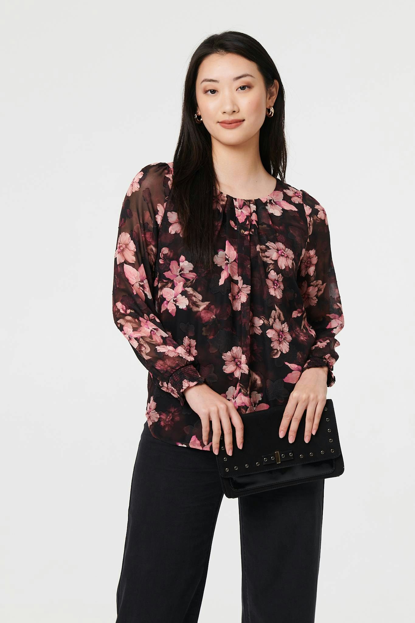 Izabel London Pink Floral Long Sleeve Chiffon Layer Blouse - 10