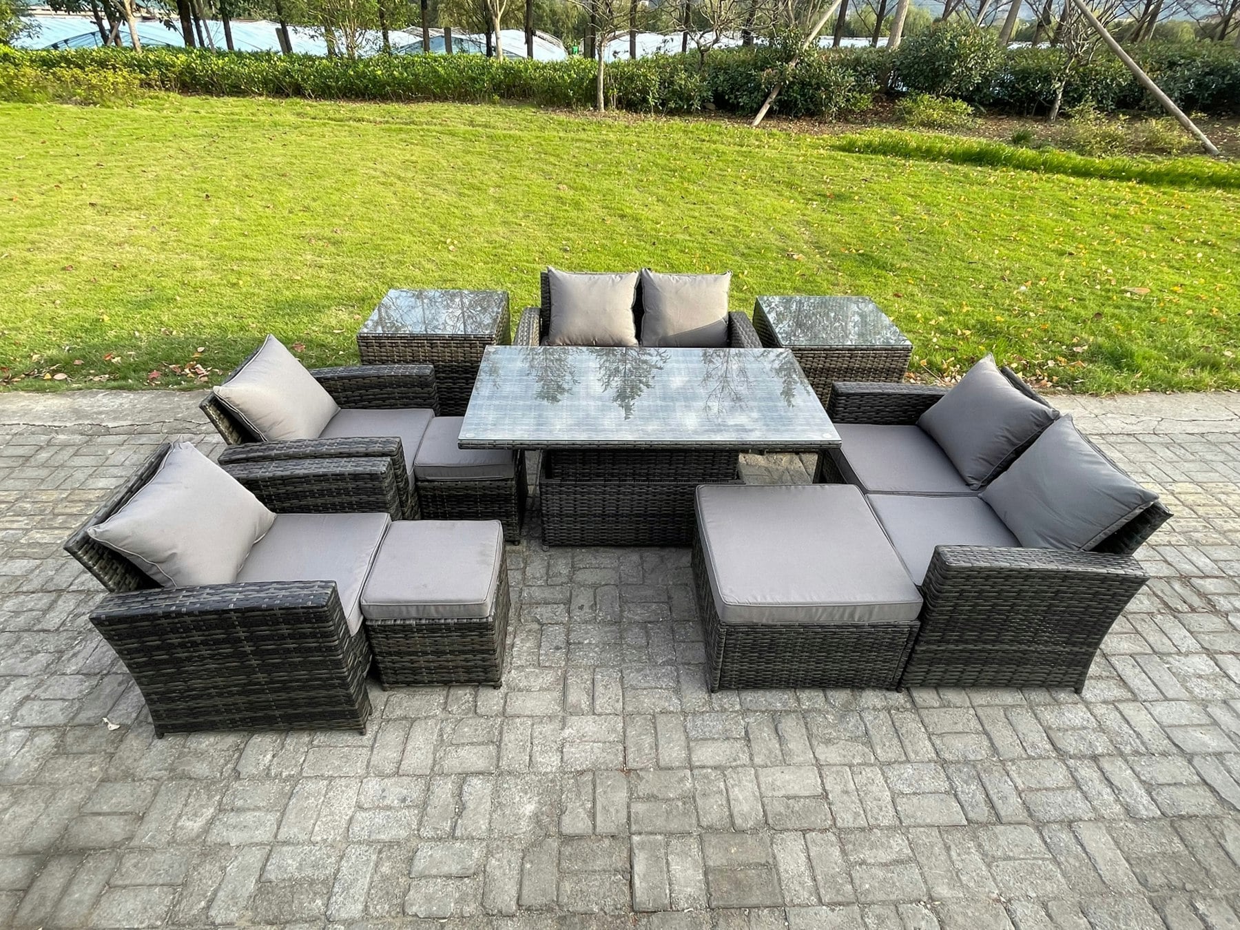 Rackhams Dark/Grey Outdoor Garden Furniture Sets 10 Pieces Wicker Rattan Furniture Sofa Dining Table Set With 3 Footstools 2 Side Tables Mixed