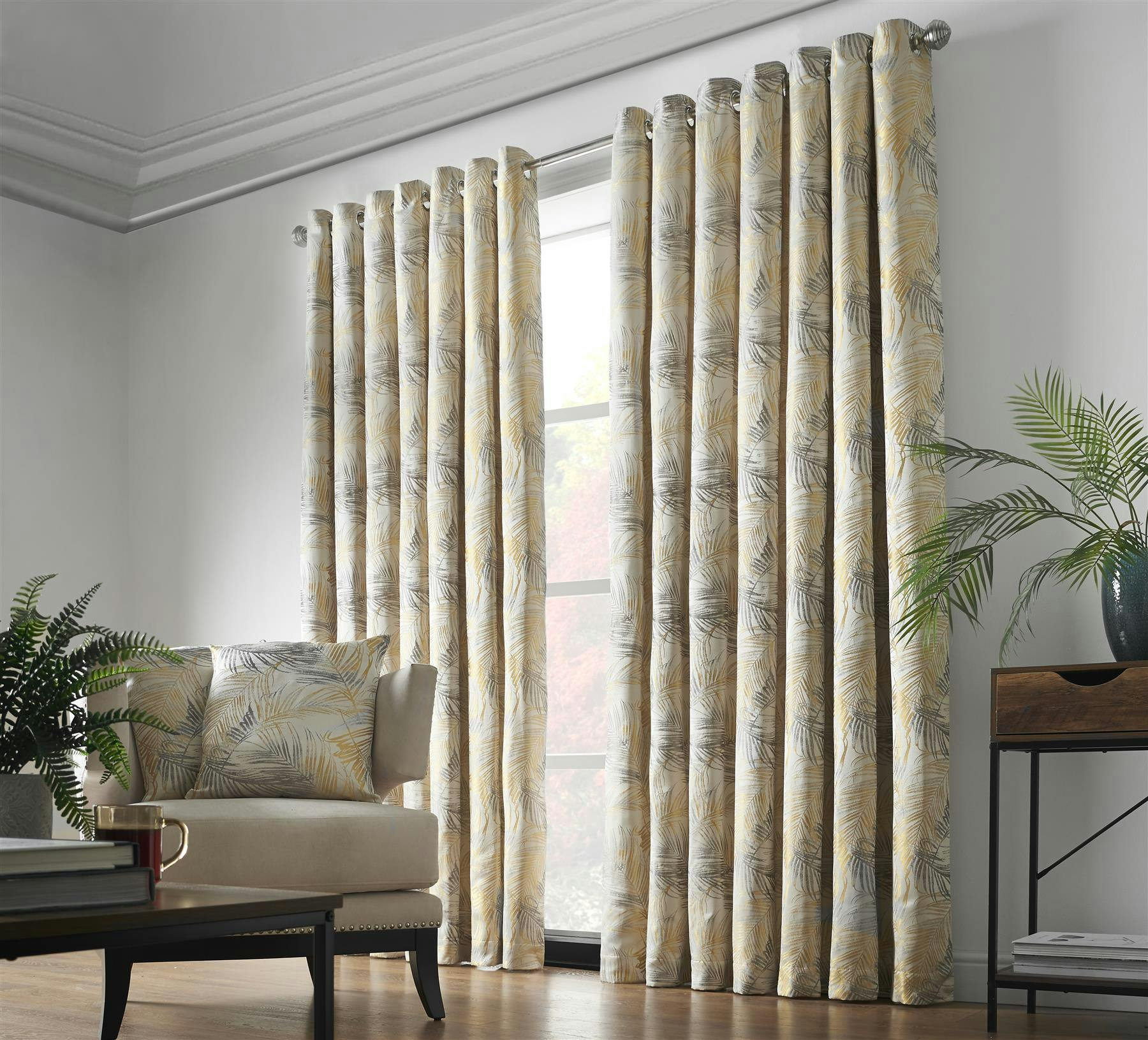 Luxury Living Yellow Luxury Fern Jacquard Ring Top Ready Made Curtains - 168Cm Width X 183Cm Drop