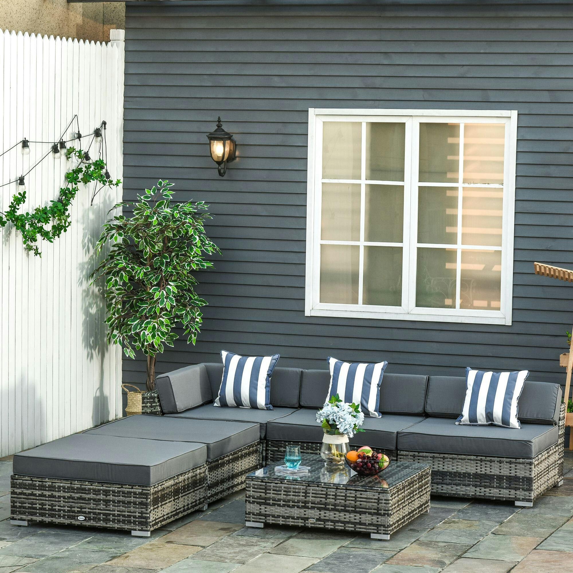 Outsunny Grey 6 Pieces Rattan Furniture Set Conservatory Sofa Deluxe Wicker Garden