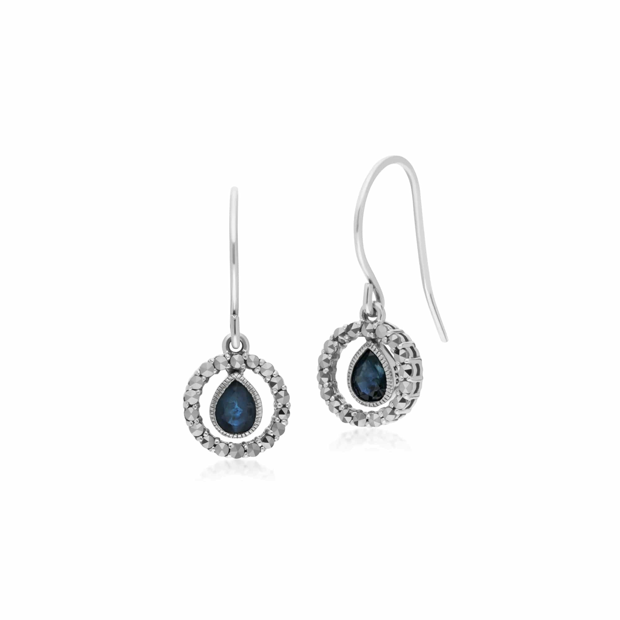 Gemondo Silver Classic Pear Sapphire & Marcasite Round Halo Drop Earrings In 925 Sterling - Classic 0.44Ct Pear Sapphire & Marcasite Round Halo Drop Earrings In 925 Sterling
