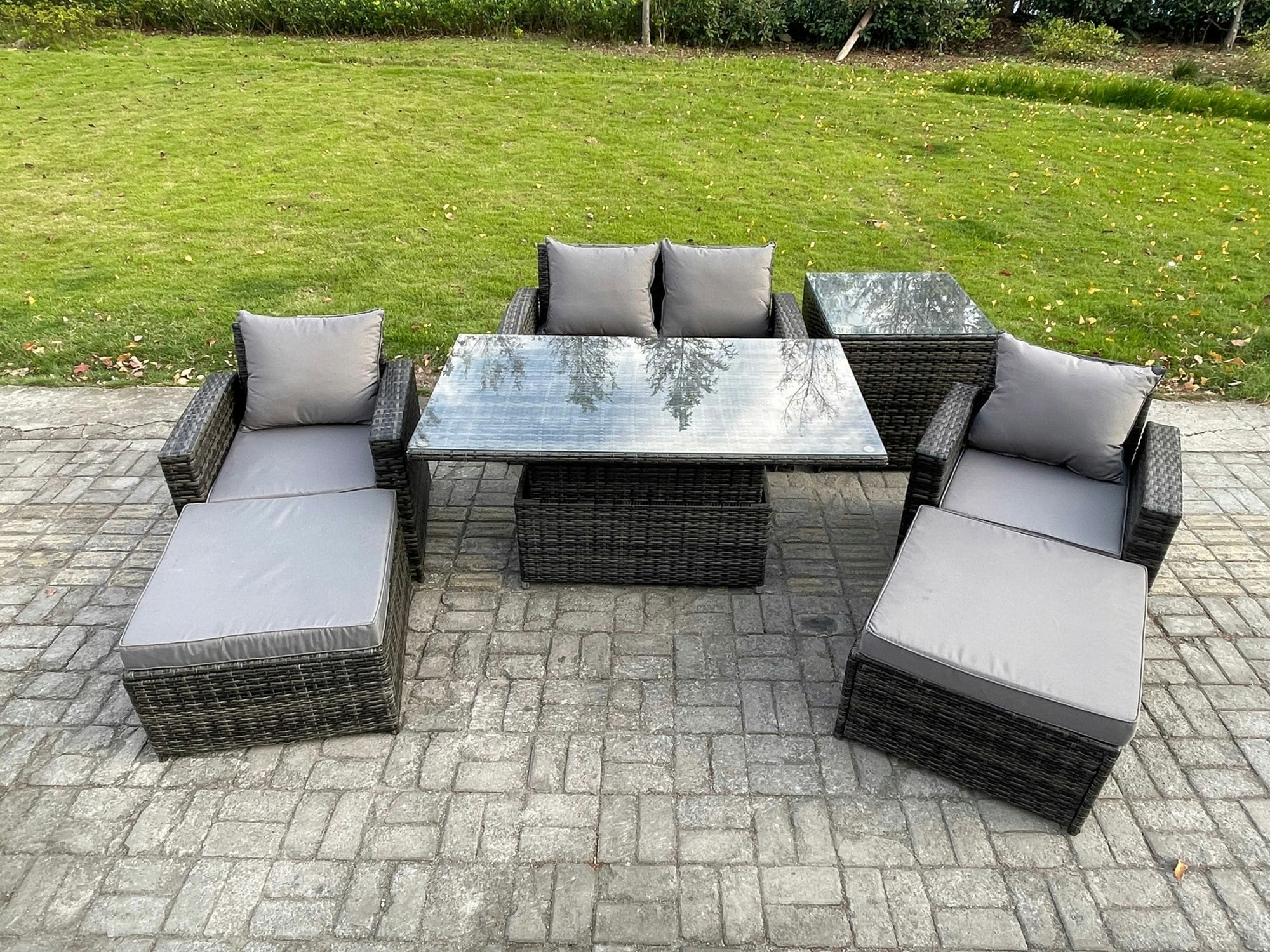 Fimous Dark/Grey High Back Rattan Garden Furniture Sofa Sets With Height Adjustable Rising Lifting Table Side Table 2 Big Footstool Mixed