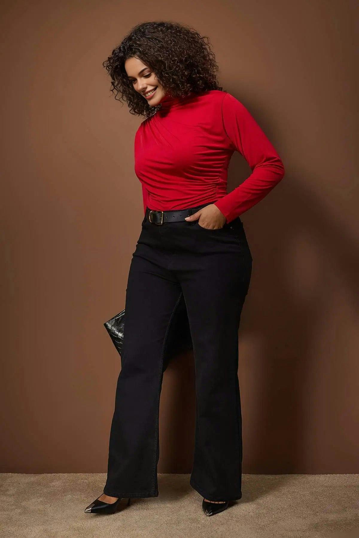 Wovcor Red Gathe Detail Long Sleeve Knitted Plus Size Blouse - 5XL