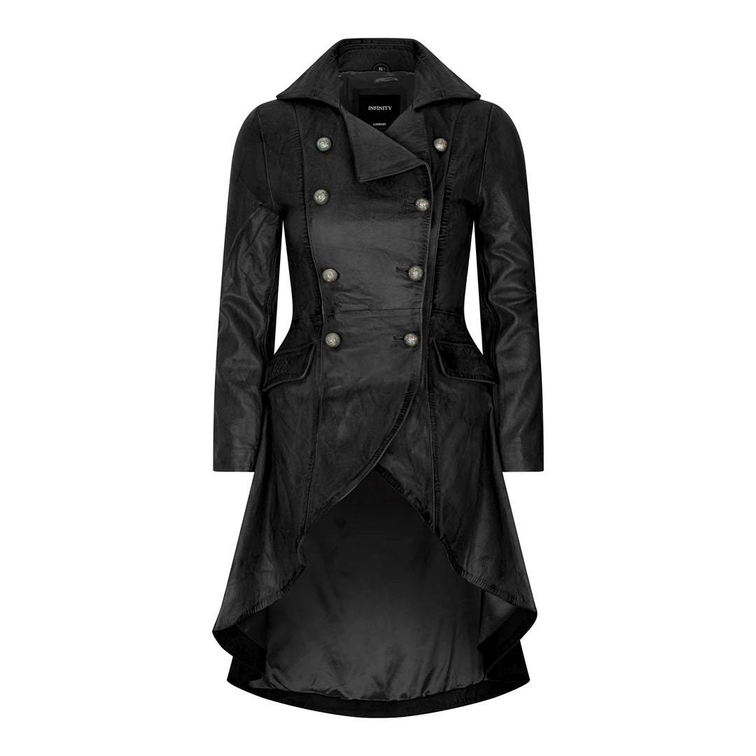 Infinity Leather Women's Black Gothic Tail Coat Double Breasted Leather Jacket - Uk 14