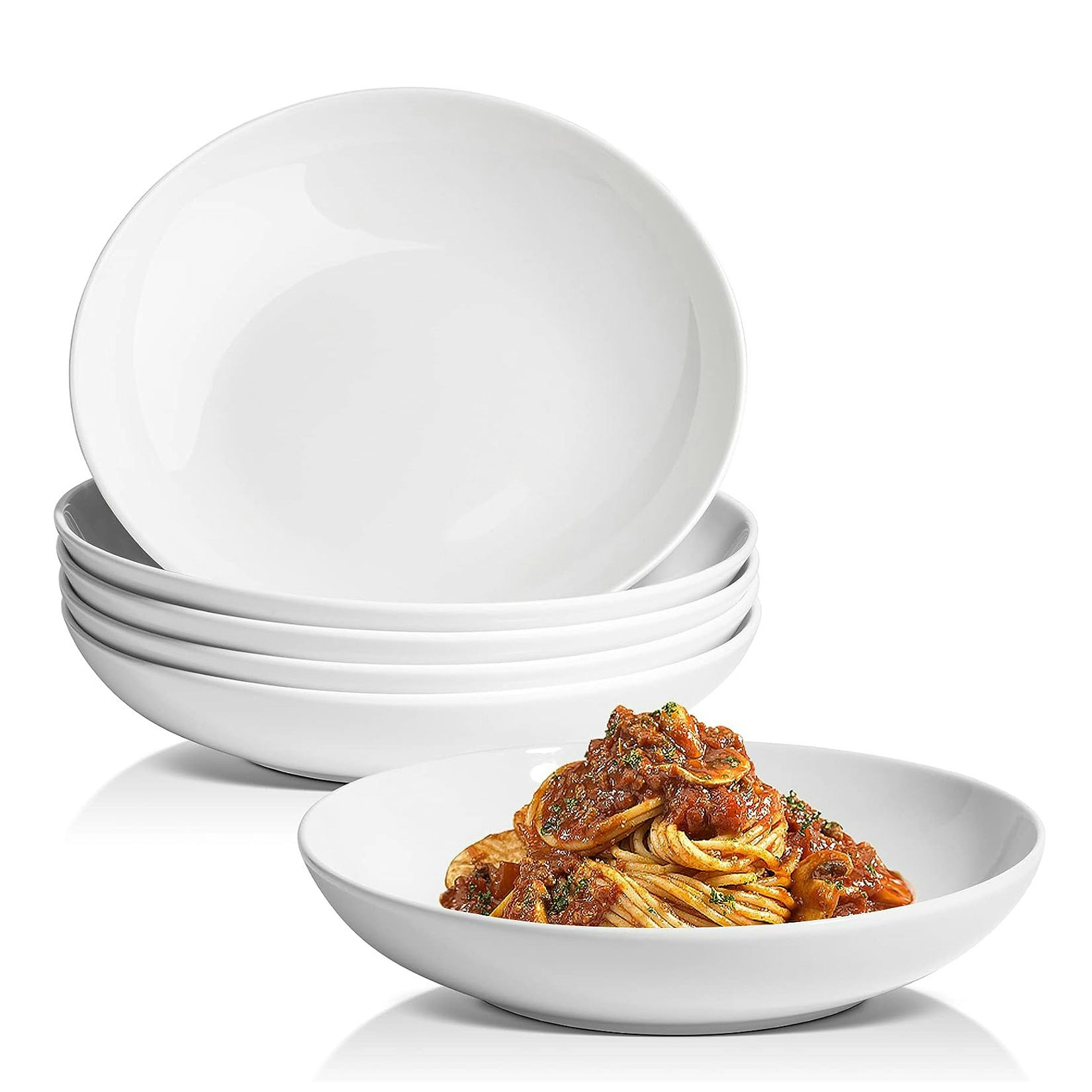 Glim & Glam White Salad Pasta Bowl 9” Serving Soup Bowl Set Porcelain 6Pcs - Porcelain