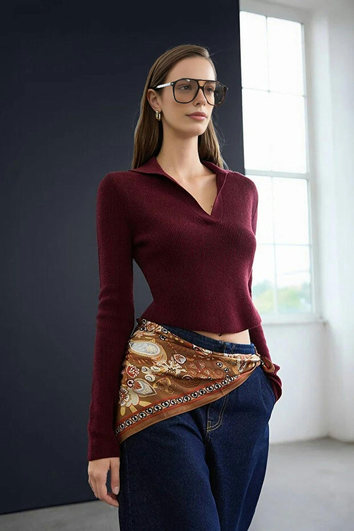 Wovcor Burgundy Soft Textured Polo Neck Wool Knit Sweater - M