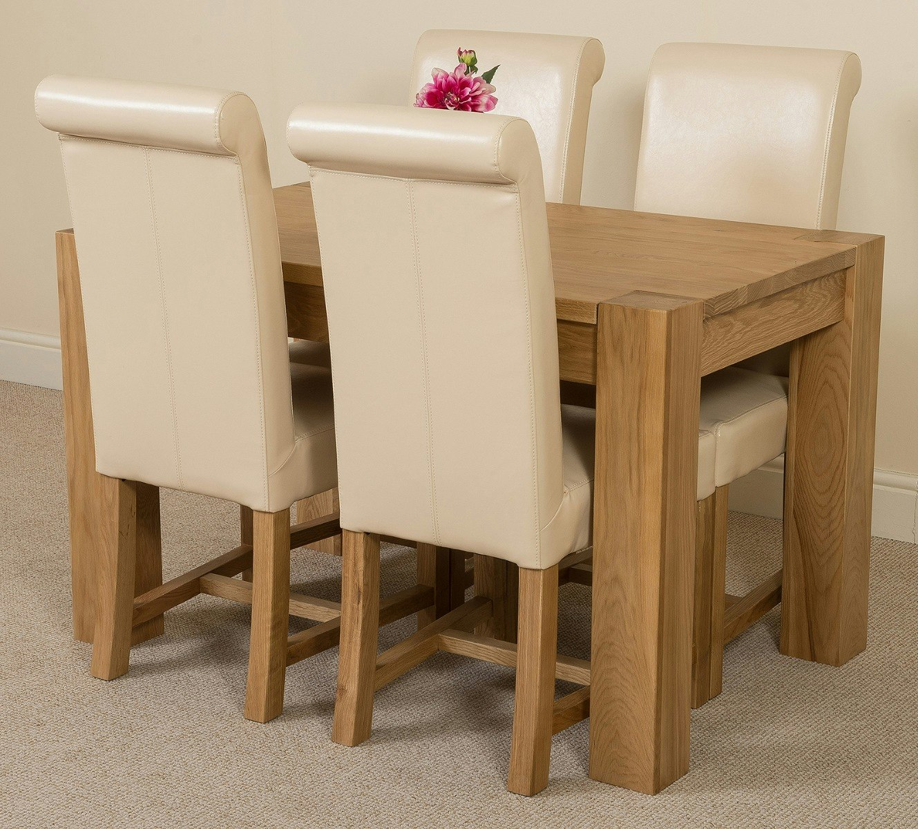 That's Furniture Ivory Kuba Oak Dining Table With Washington Leather Chairs - 4 Chairs Small