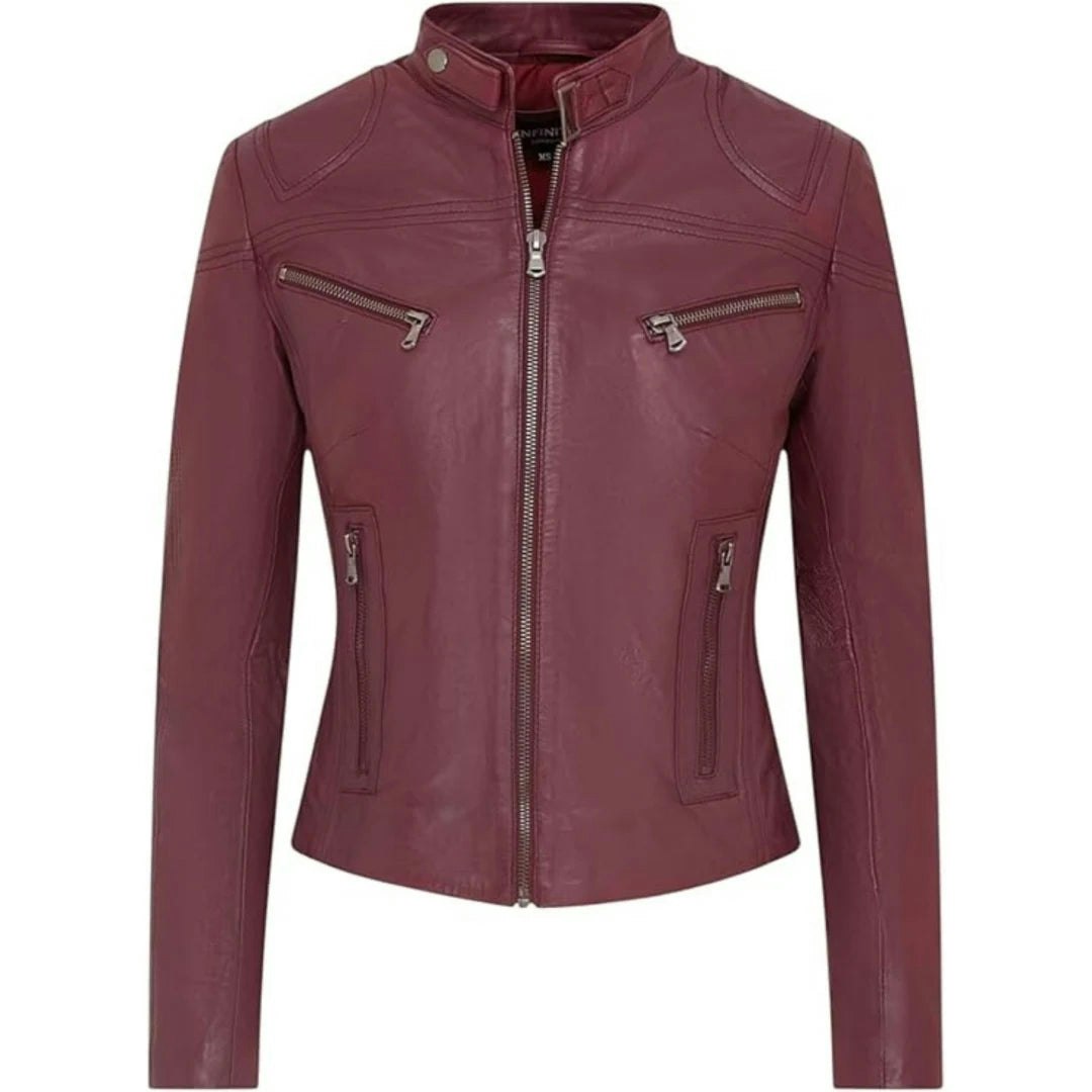Infinity Leather Women's Burgundy Leather Company Real Leather Classic Racer Style Biker Jacket - Uk 12