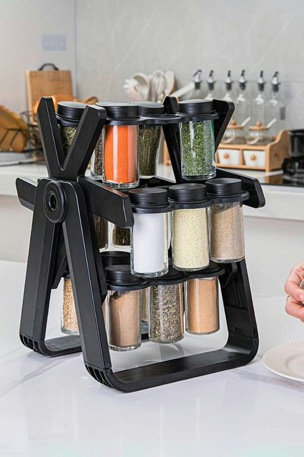 Rackhams Black 360° Rotating Spice Rack Ferris Wheel Storage Organizer With 18 Glass Seasoning Bottle