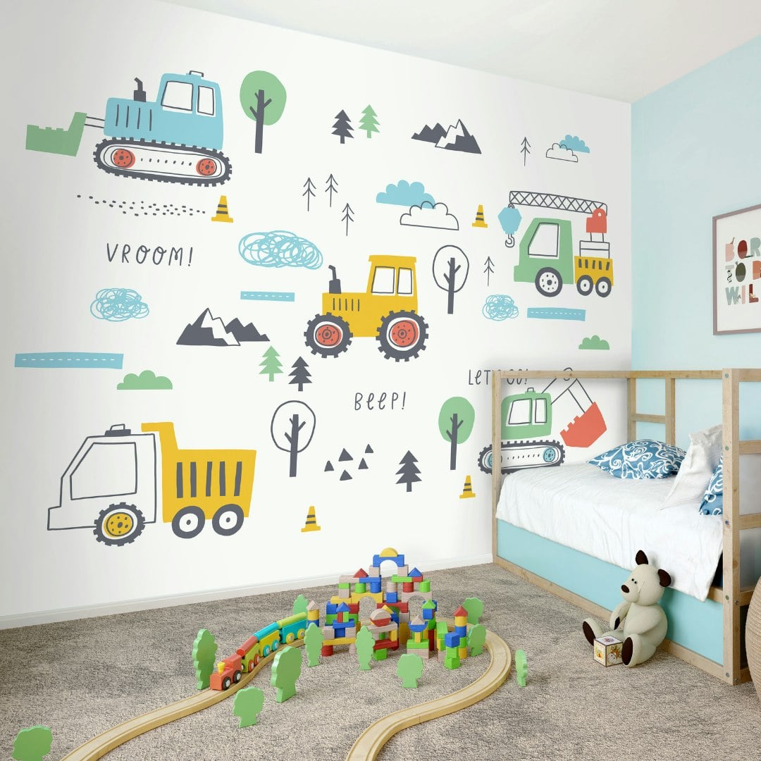 Origin Murals Yellow Tractors And Diggers Wall Mural - Large - W350cm X H280cm