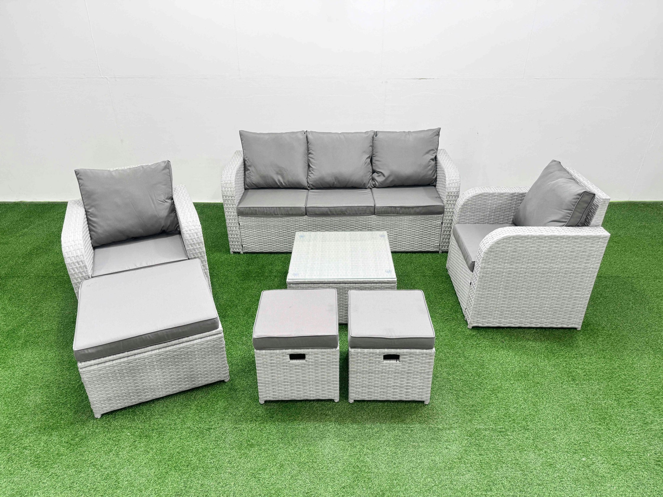 Rackhams Light/Grey Pe Rattan Garden Furniture Set Reclining Chair Sofa Lounge Sofa Set Square Coffee Table 3 Stools