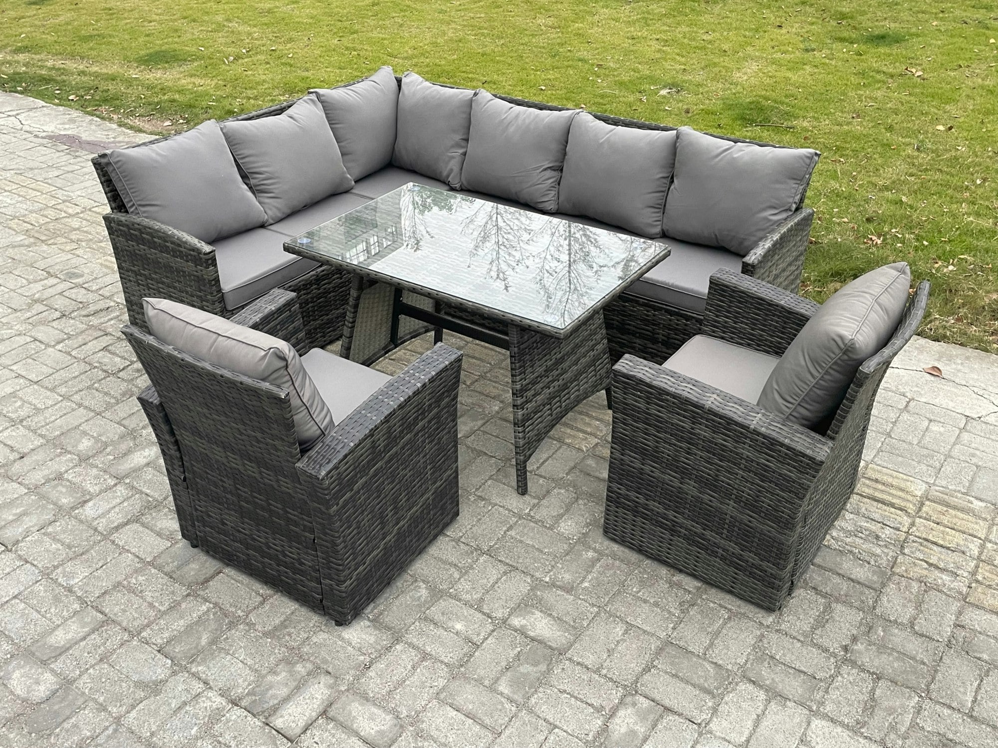 Fimous Dark/Grey Wicker Rattan Garden Furniture Corner Sofa Set With Oblong Dining Table 2 Armchairs 8 Seater Outdoor Rattan Set Mixed