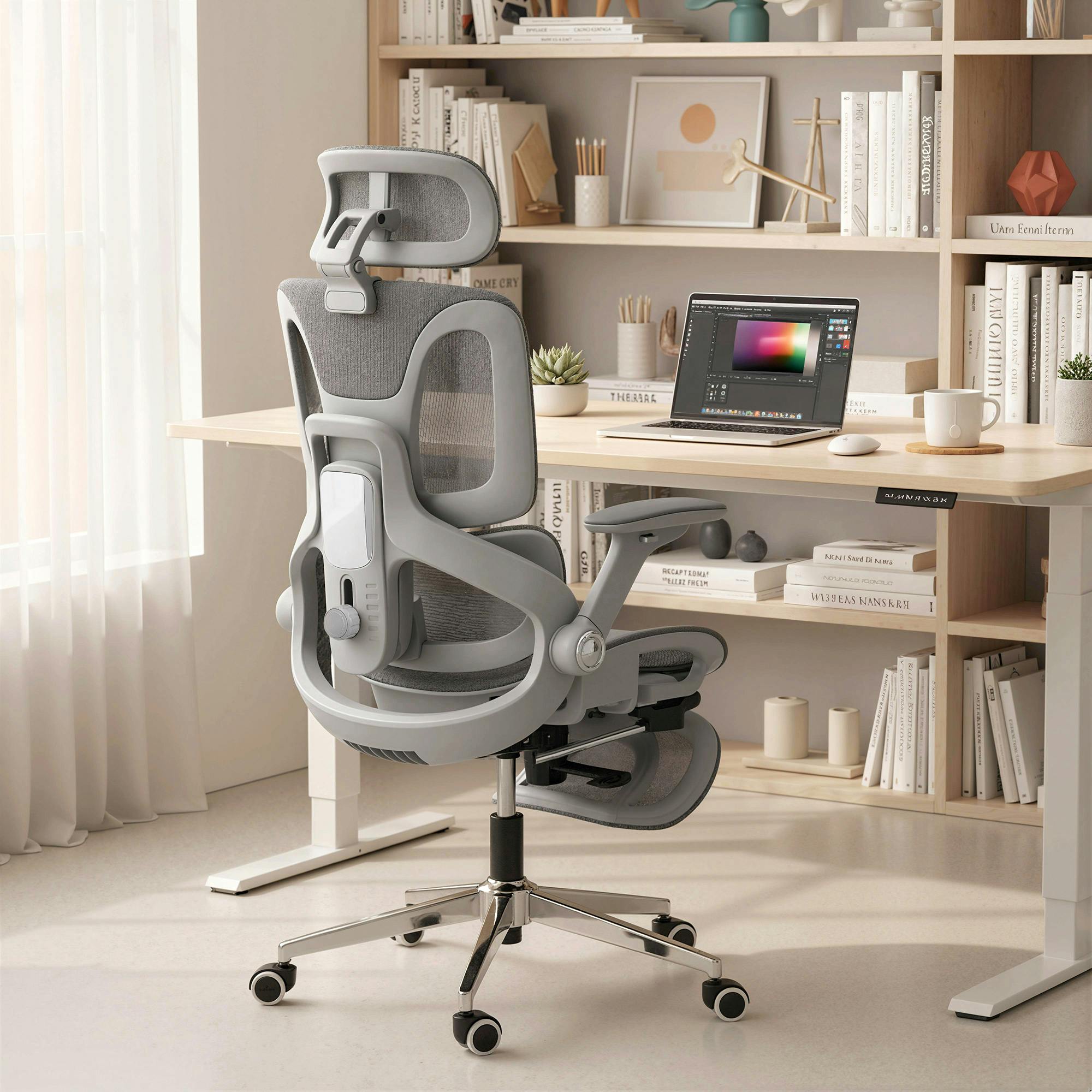 Rackhams Grey Ergonomic Office Chair, Mesh Desk Chair With Lumbar Support, Footrest - Yes - Office Chair