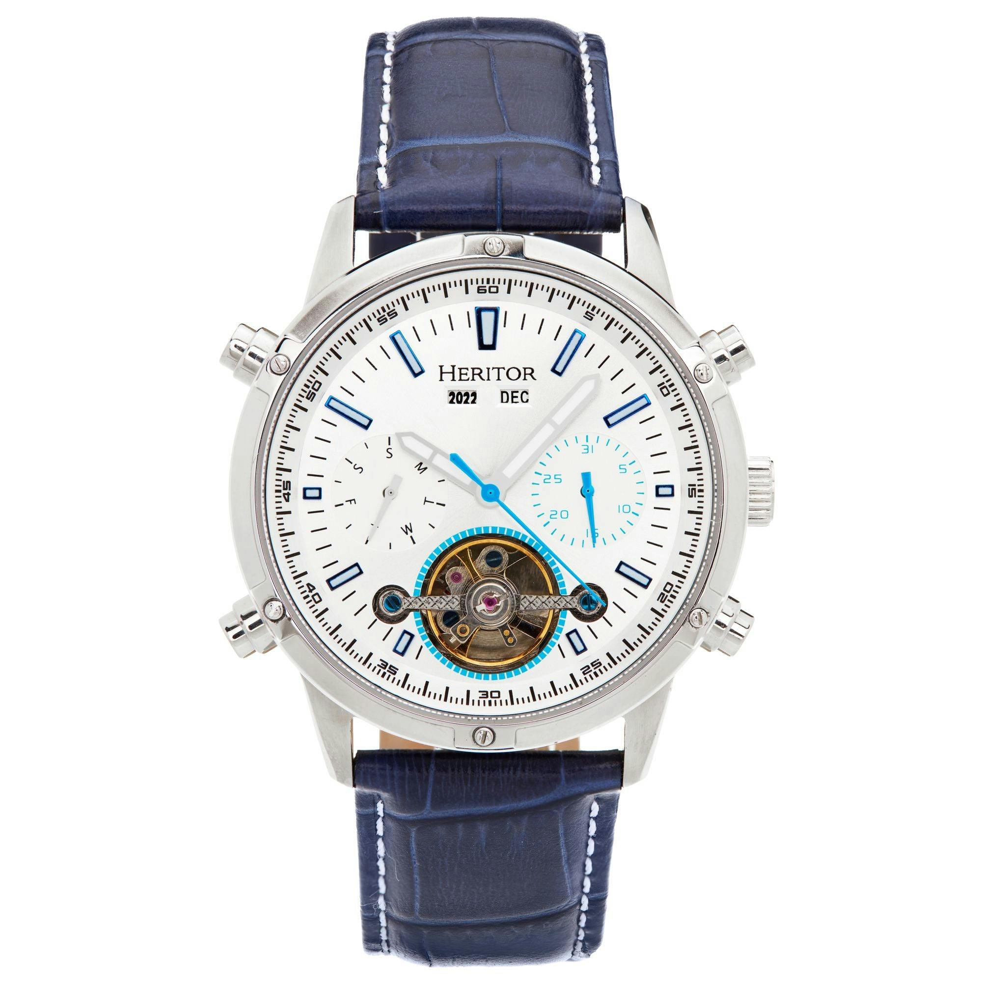 Heritor Automatic Blue Wilhelm Semi-Skeleton Bracelet Watch W/Day/Date