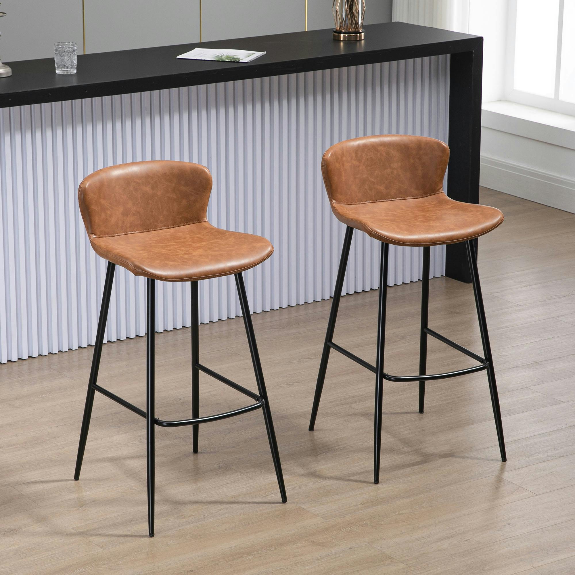 Rackhams Brown Bar Stools Set Of 2, Pu Leather Upholstered Bar Chairs, Breakfast Kitchen Counter Chairs With Backs, Steel Legs And Footrests For Dining Room, - Image 5