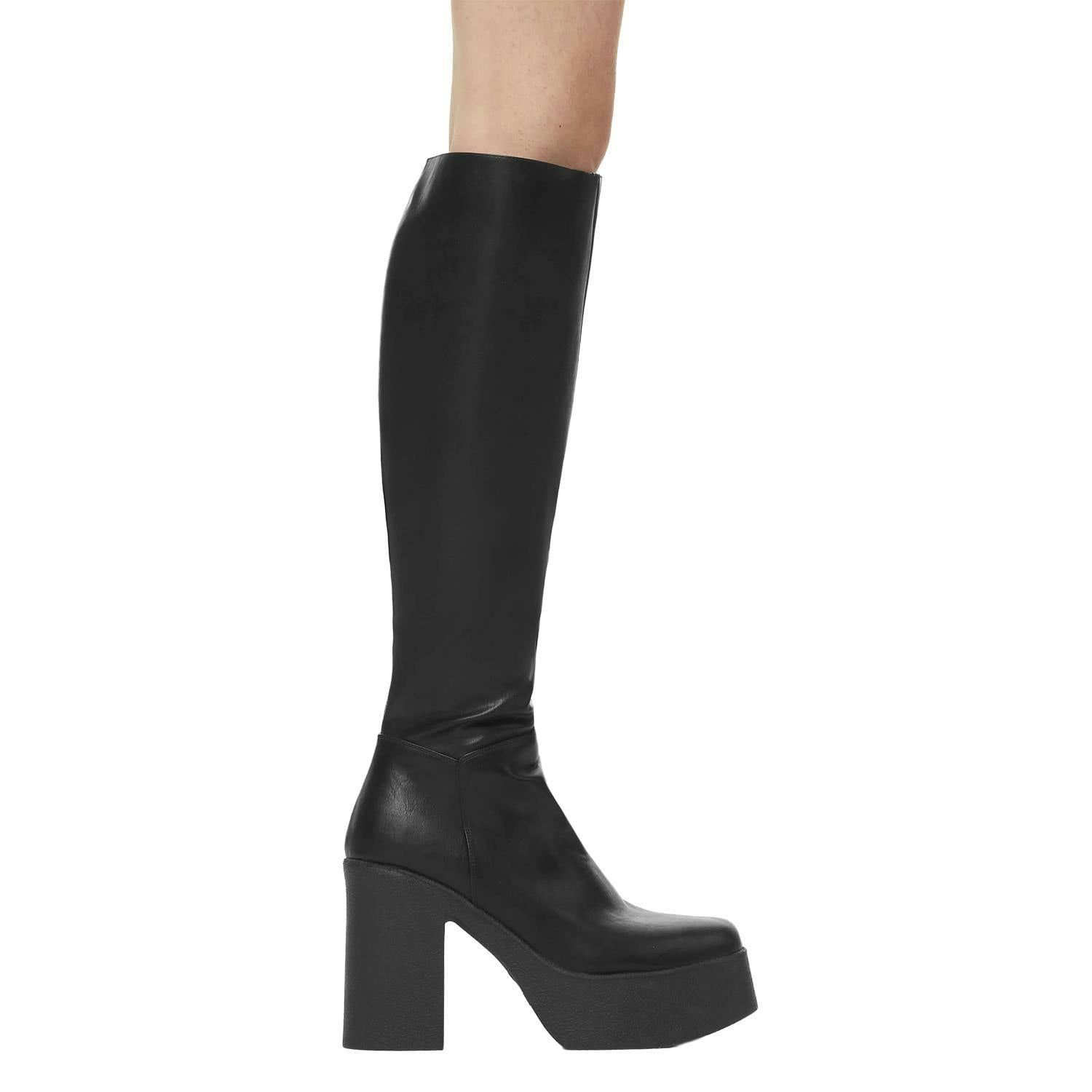 Lamoda Women's Black Slick Nicks Pu, Platform Knee High Boots Chunky Heel - Uk9