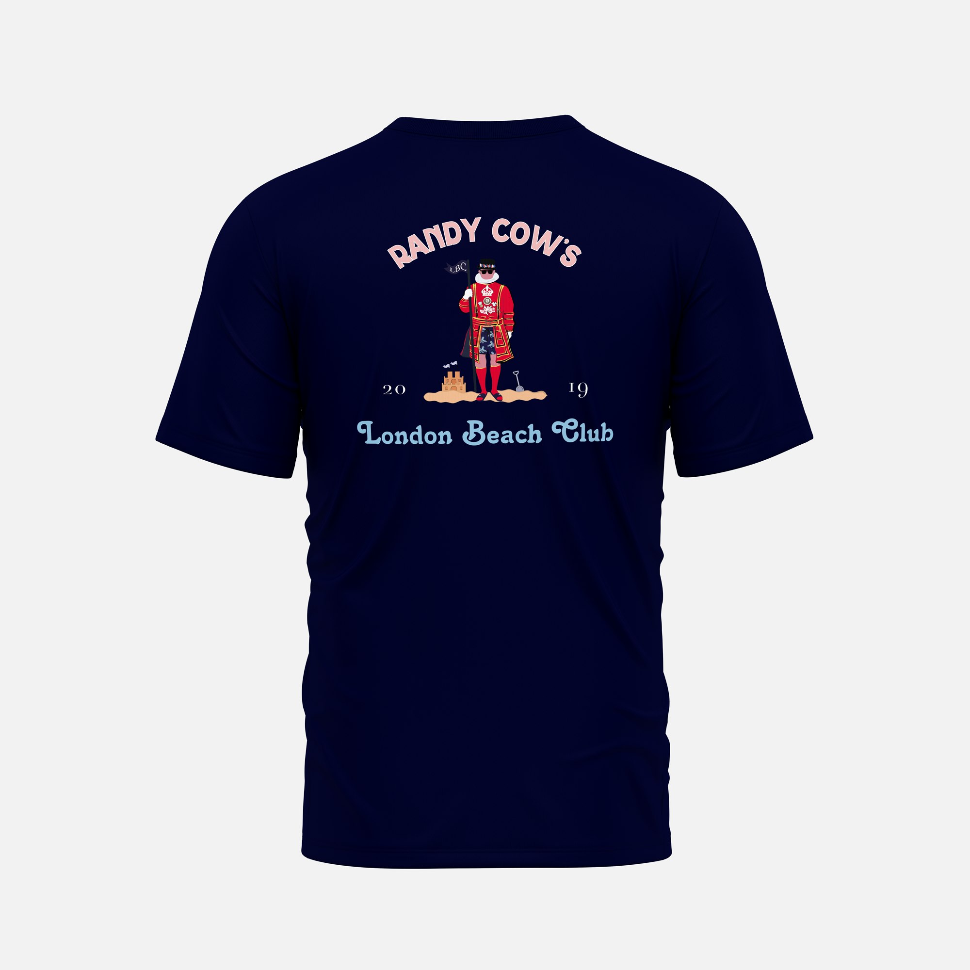Randy Cow London Beach Club Beefeater - Navy Organic Cotton T-Shirt - 5 - With Back Graphic