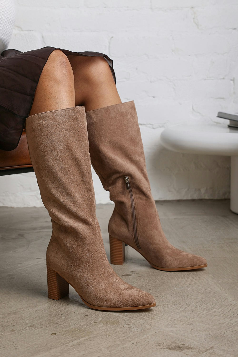 Where's That From Elder Block Heel Knee High Boots With Side Zip In Camel Suede - Camel Size 7