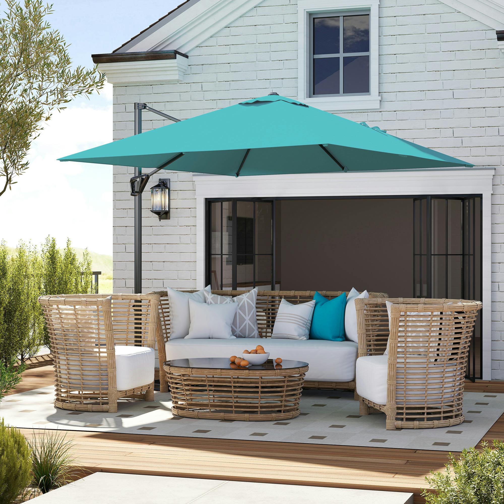 Rackhams Blue Square Cantilever Roma Parasol 360° Rotation W/ Hand Crank