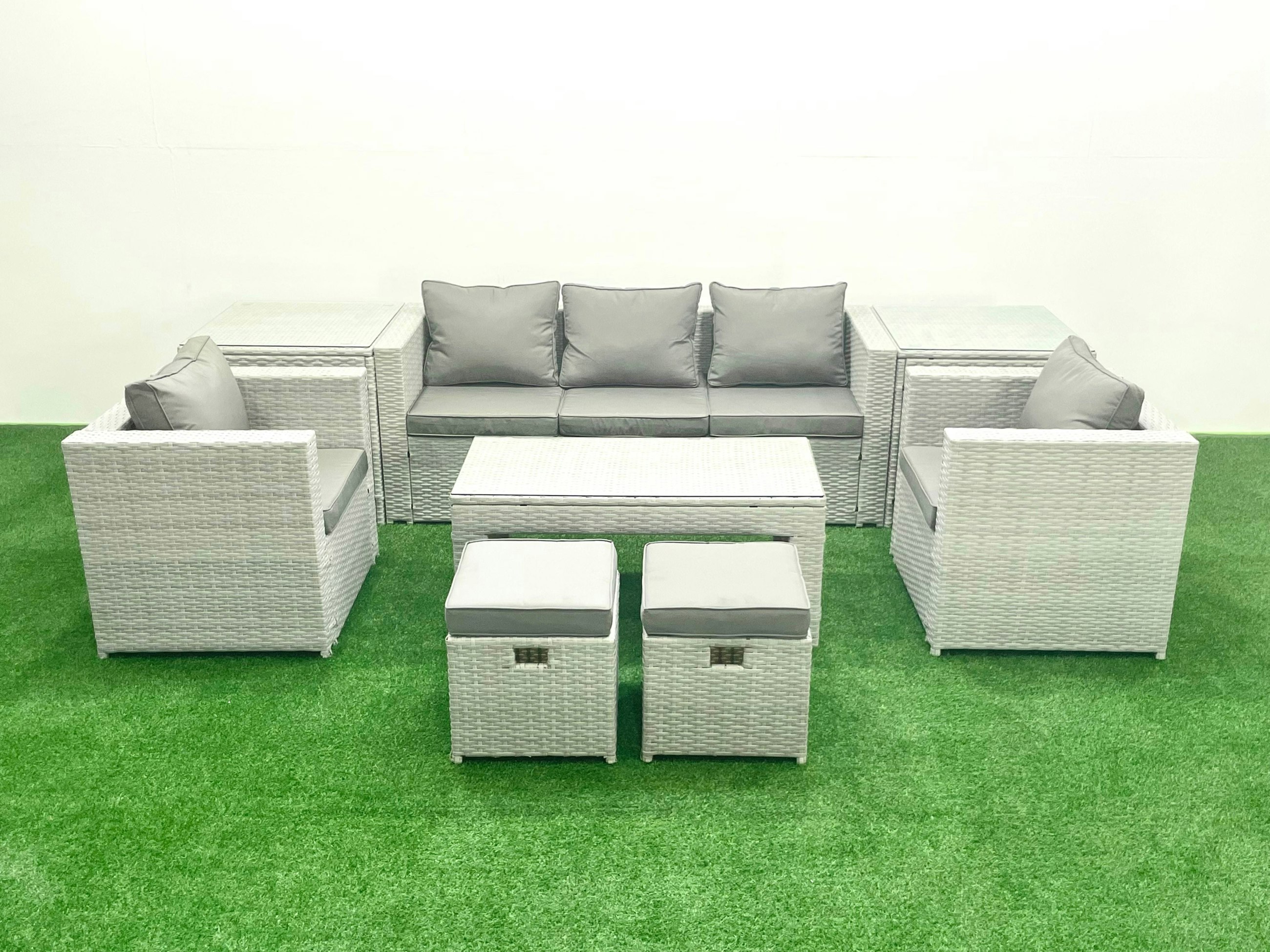 Rackhams Light/Grey Rattan Garden Furniture Set 7 Seater Outdoor Garden Sofa Oblong Coffee Table Set With 2 Chairs 2 Stools 2 Side Tables Mixed