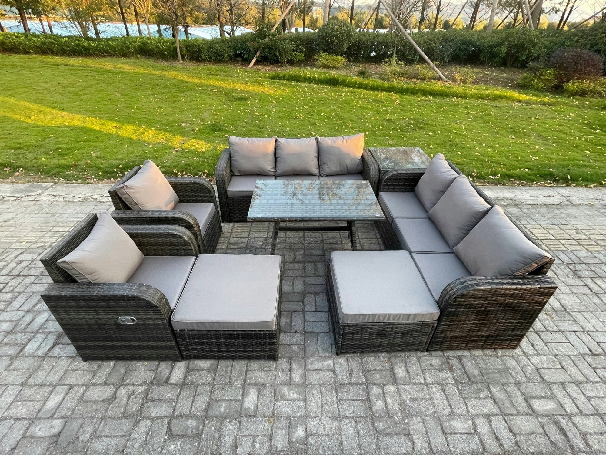 Rackhams Dark/Grey Outdoor Lounge Sofa Set Wicker Pe Rattan Garden Furniture Set With Rectangular Dining Table Side Table 2 Big Footstool Mixed