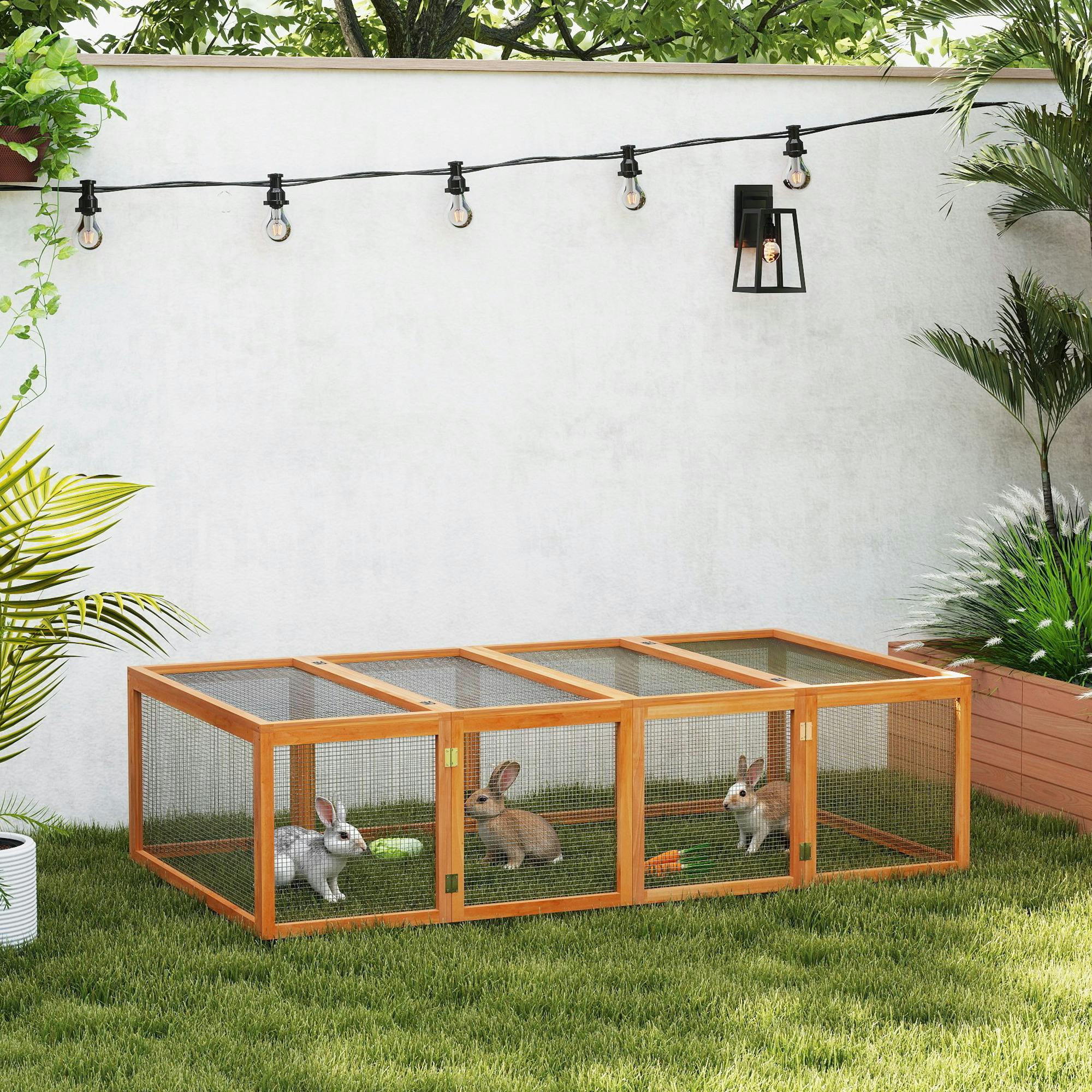 Pawhut Wooden Rabbit Hutch Cage House With Wire Mesh, Natural Wood Finish