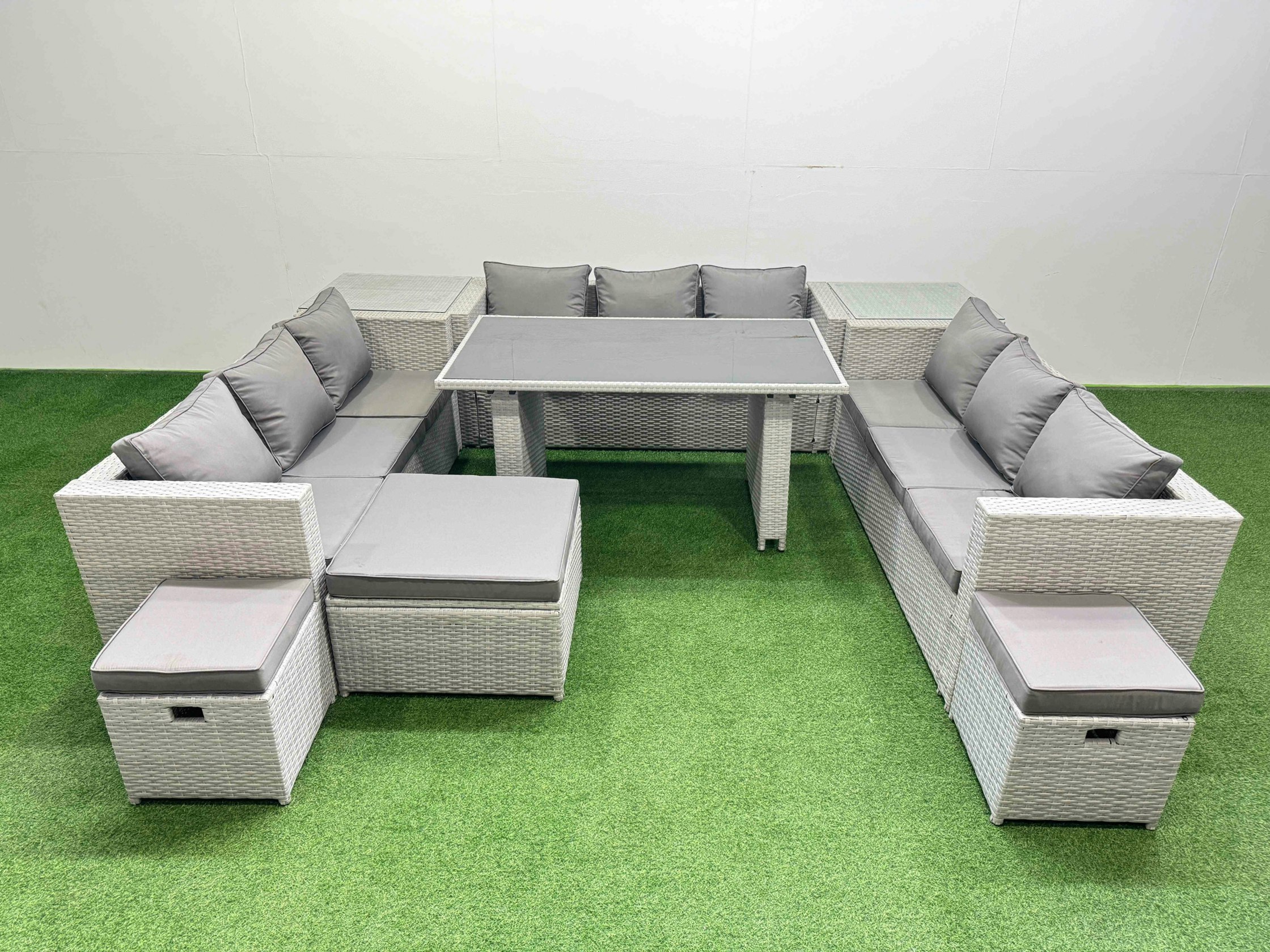 Rackhams Black/Light/Grey Patio Outdoor Garden Furniture Sets With Glass Top Dining Table 3 Seater Sofa 2 Side Tables 3 Stool