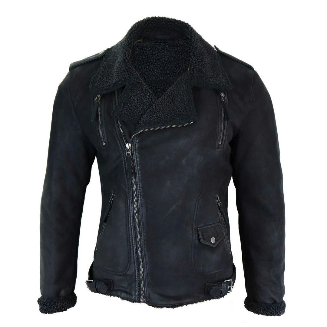 Aviatrix Men's Black/Brown Cross Zip Leather Biker Jacket Fleece Lined Fitted - 5XL