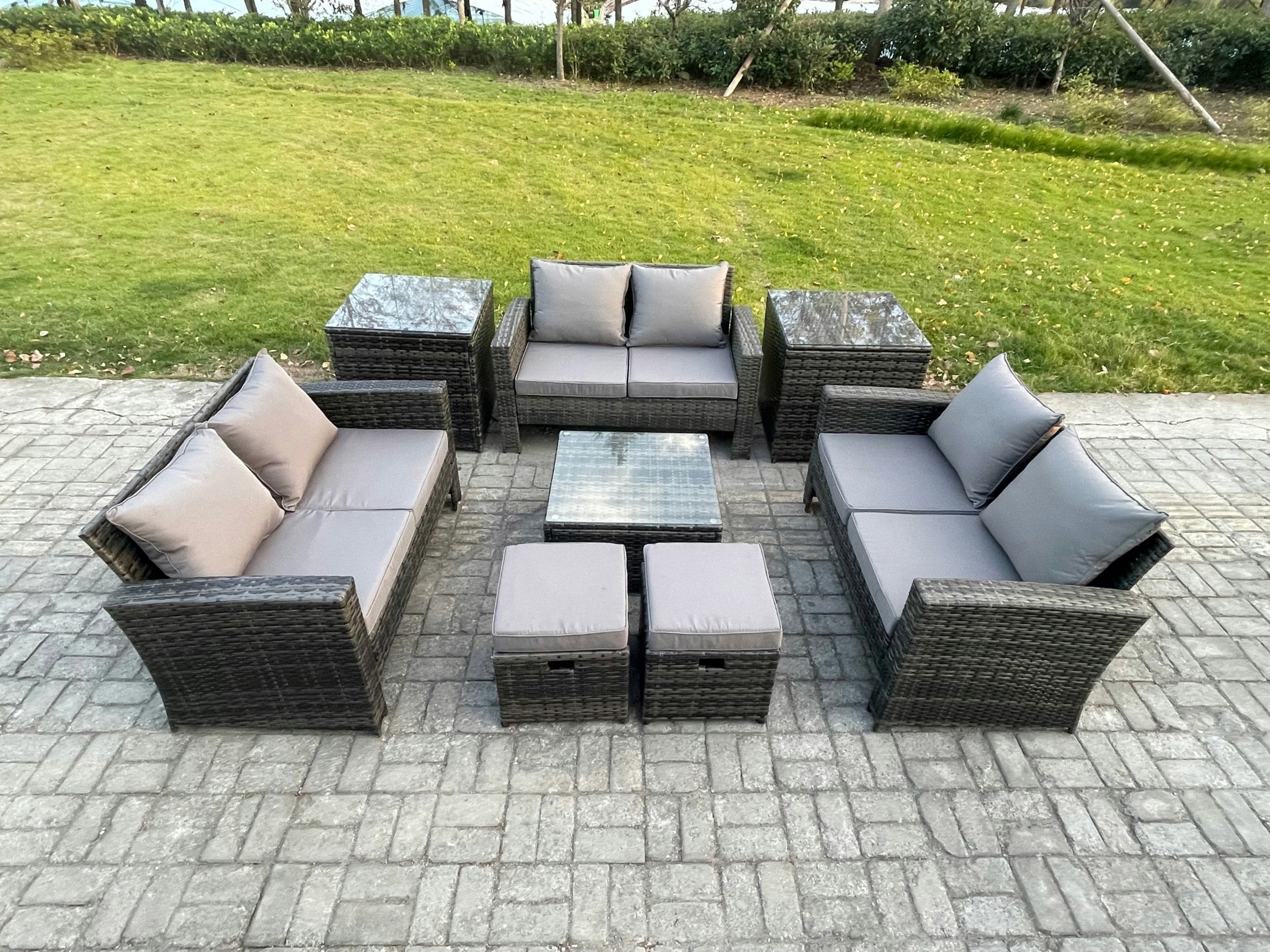 Rackhams Dark/Grey Outdoor Lounge Sofa Set - Mixed Pe Wicker Rattan Garden Furniture With Square Coffee Table & 2 Small Footstools
